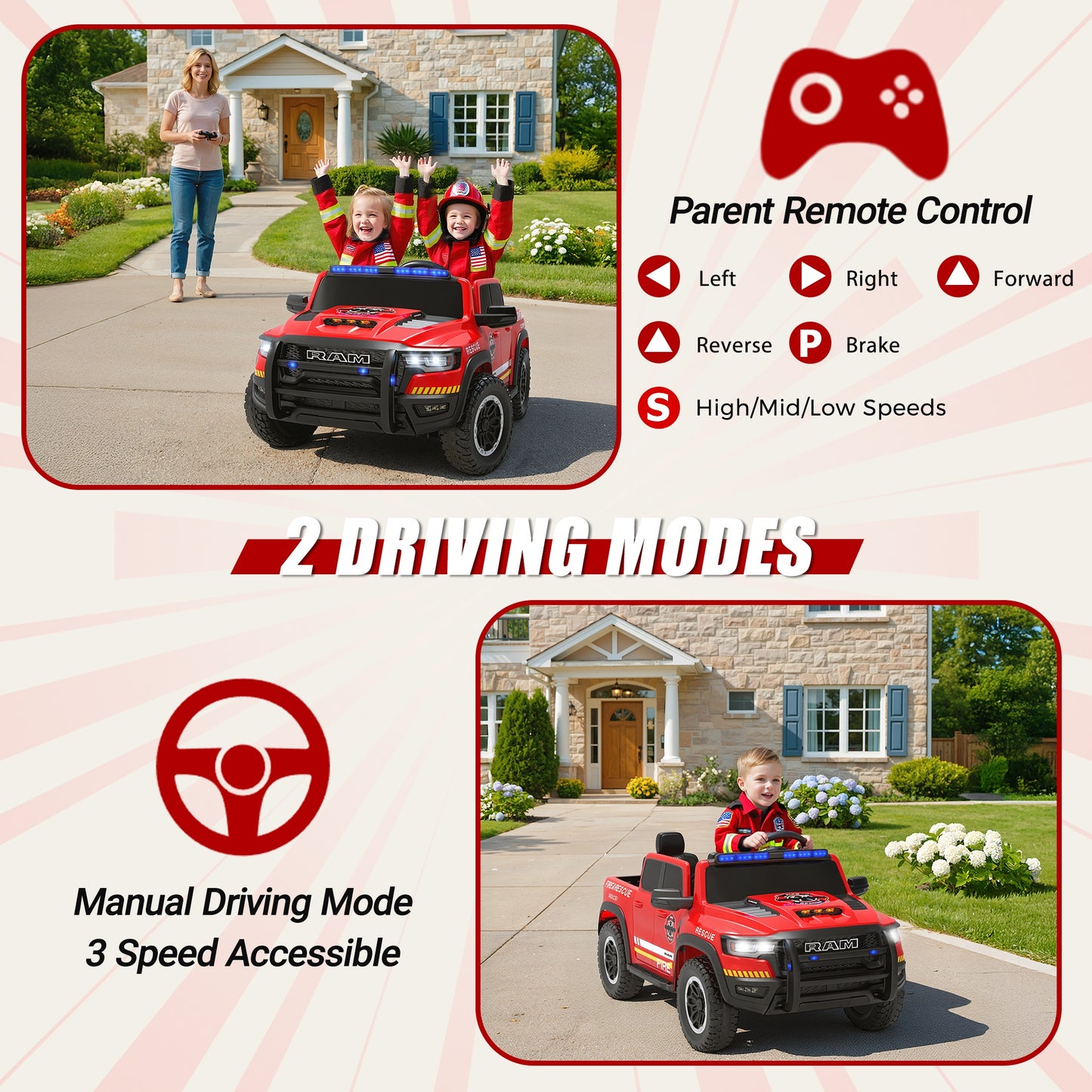 24V Licensed RAM 1500 Ride on Fire Truck for Kids, 2 Seater Ride on Car with Parent Remote Control, Bluetooth, LED Lights, Siren, Rear Storage, 4-Wheel Suspension, Ages 3-8, Red