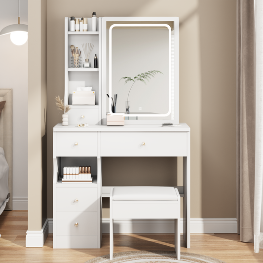 iRerts Vanity Desk with Chair, Makeup Vanity Set with LED Mirror, 3 Lighting Modes Brightness Adjustable, Shelf and Drawers, Makeup Vanity Desk Dressing Table Set for Bedroom Small Space, White