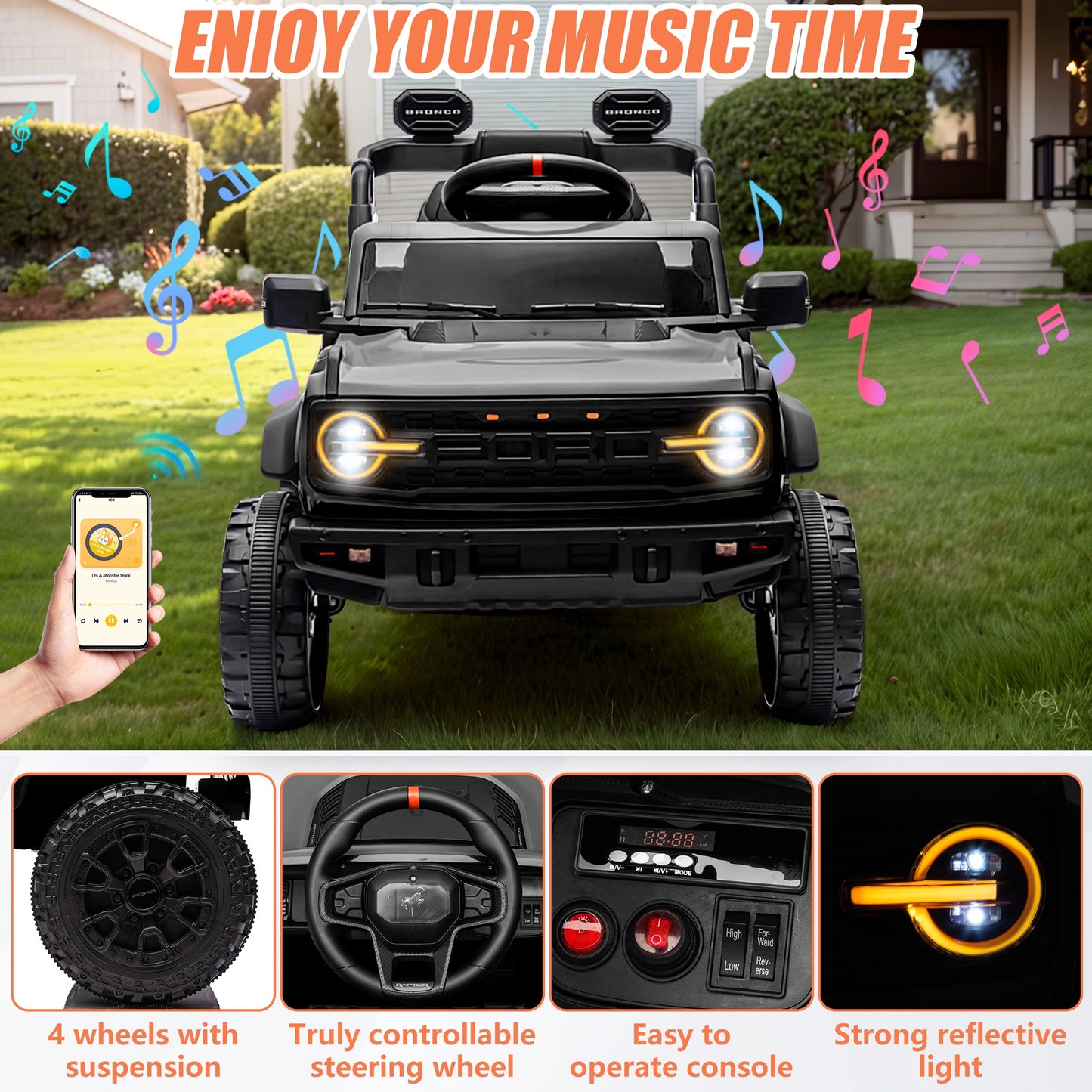 12V Powered Ride on Car, Ford Bronco Raptor Ride on Toys with Remote Control, Battery Powered Ride on Trucks with Bluetooth Music, LED Light, Kids Car Electric Vehicle for Boys Girls Gifts, Black