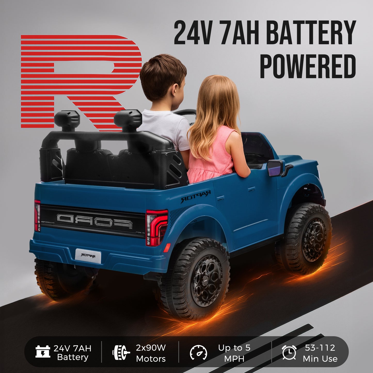 iRerts 24V Ride on Toys for Big Kids, Licensed Ford F 150 Raptor 2 Seater Ride on Cars with Remote Control, Bluetooth, FM Radio, LED Lights, 4 Wheels Suspension, Electric Car for Kids Ages 3-8, Blue
