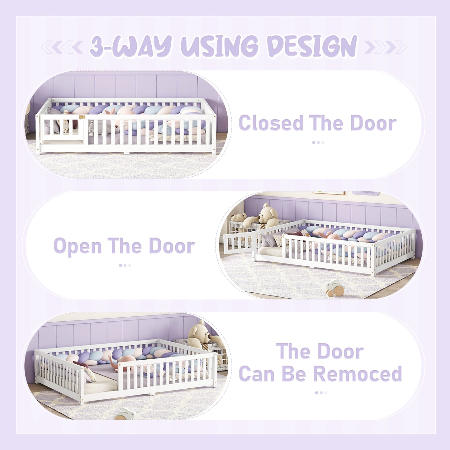 iRerts Full Floor Bed Frame for Toddlers Kids, Wood Full Montessori Bed Frame with Slats, Fence, Door, Kids Montessori Bed Full Size, Full Toddler Bed Frame for Boys Girls, White