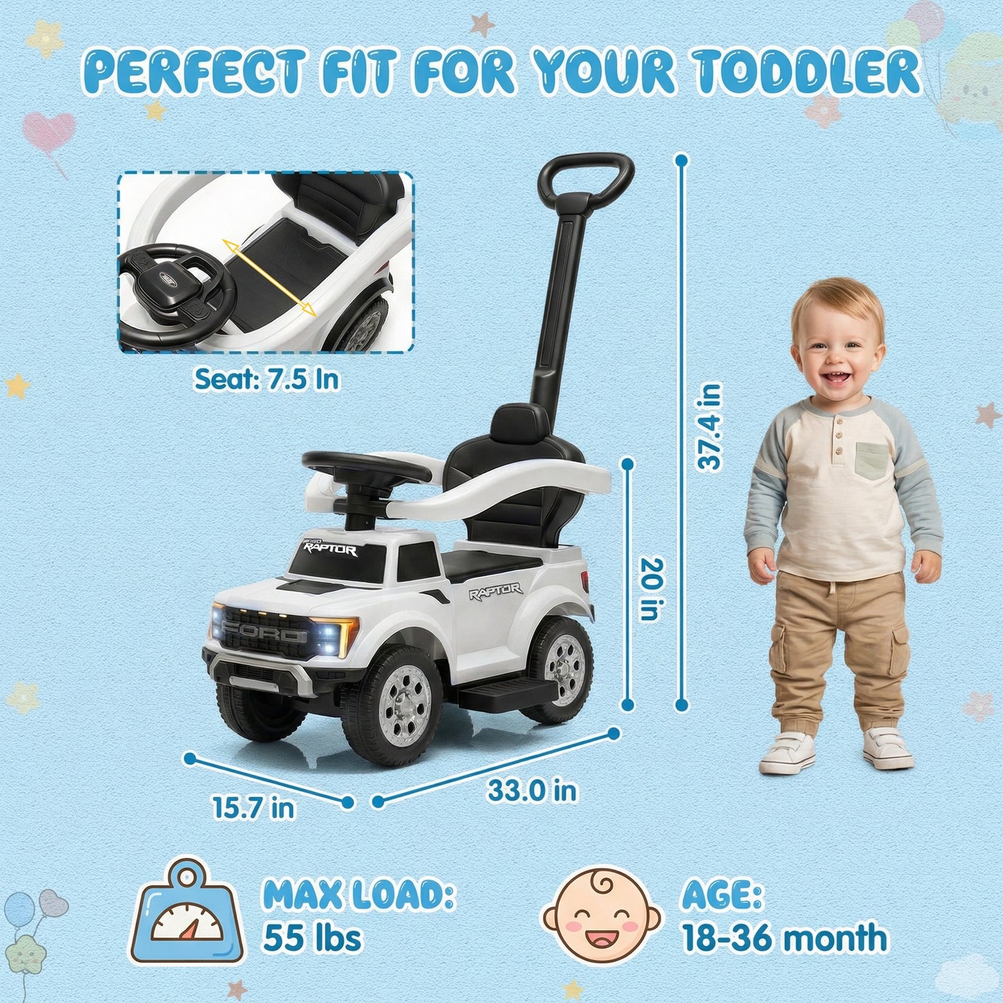 Push Car for Toddlers 1-3, Licensed Ford F-150 3-in-1 Kids Ride on Toy with Parent Push Handle, Foot to Floor Sliding Car with Horn & Lights, Under Seat Storage, White