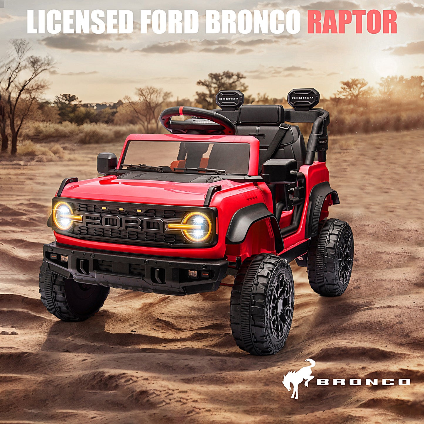 iRerts 12V Ride on Cars, Licensed Ford Bronco Raptor Toddlers Ride on Toys with Parental Remote Control, Bluetooth, FM Radio, LED Lights, Electric Car for Kids Boys Girls Ages 3-6,Red