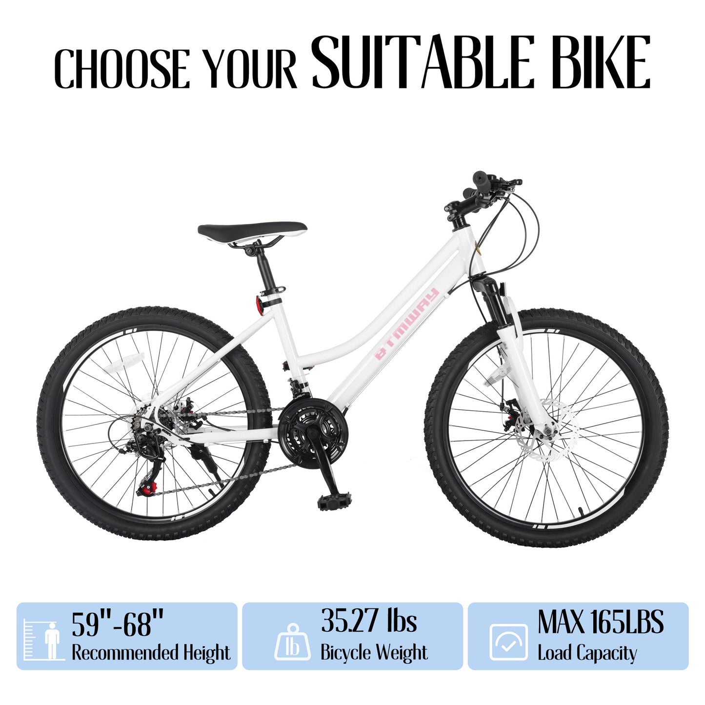 Mountain Bike, iRerts 24 Inch Mountain Bike for Girls, Shimano 21 Speed MTB Women Bicycle with Dual Disc Brakes and Front Suspension Fork, Outdoor Cycling Bike for Adult Work School Commuting, White