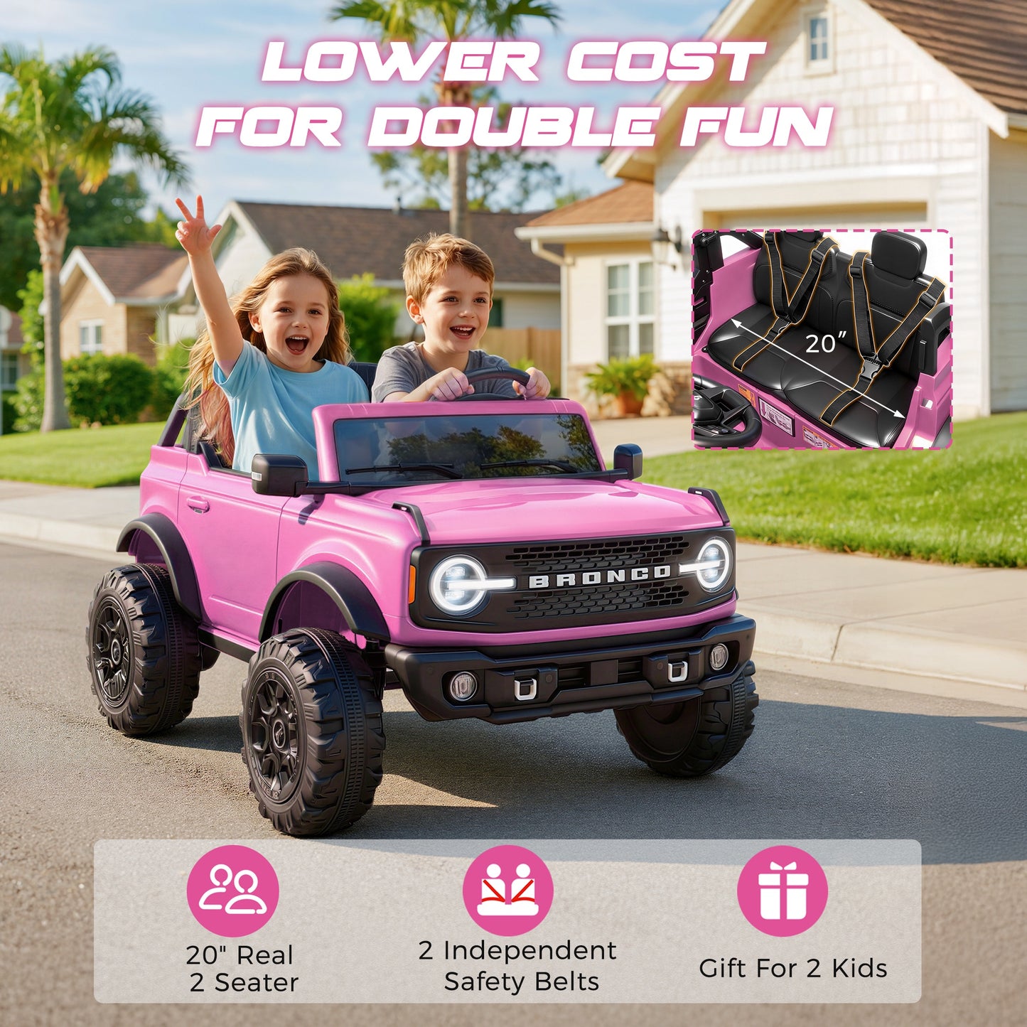 iRerts 2 Seater Ride on Cars, Licensed Ford Bronco Base 24V Ride on Toys for Big Kids Ages 3-8, Powered Kids Car Electric Vehicle with Remote Control, Bluetooth, LED Lights, 4 Wheel Suspension, Pink