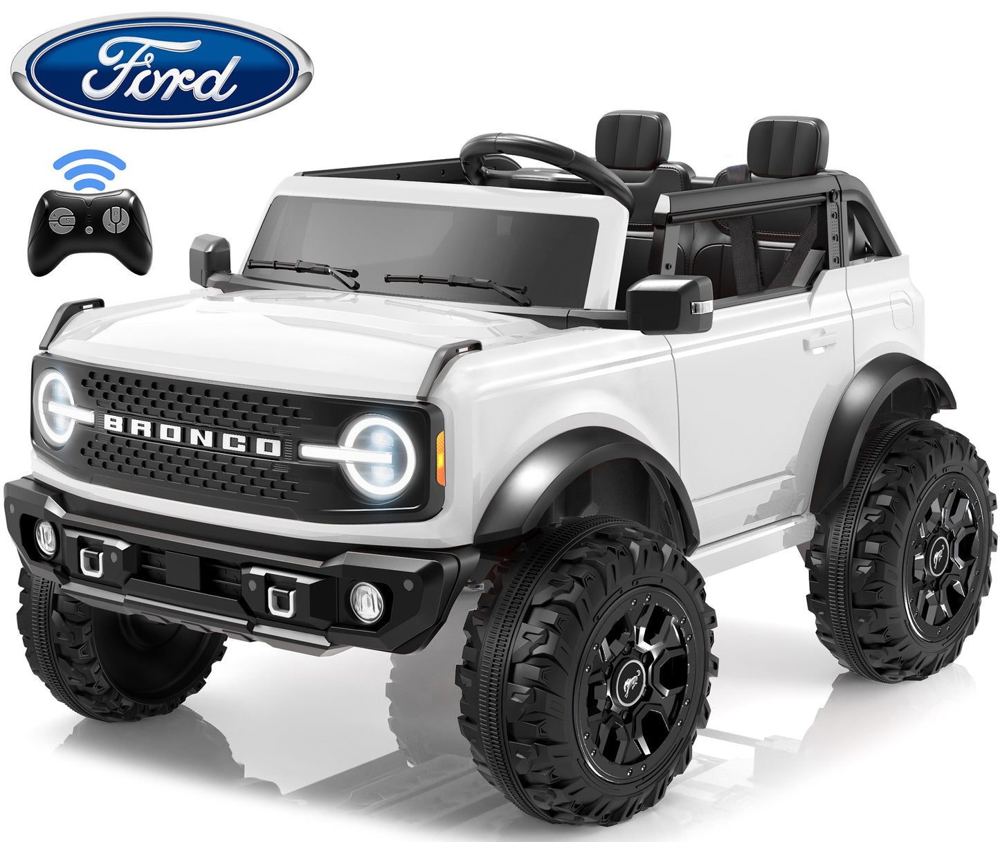 iRerts 2 Seater Ride on Cars, Licensed Ford Bronco Base 24V Ride on Toys for Big Kids Ages 3-8, Powered Kids Car Electric Vehicle with Remote Control, Bluetooth, LED Lights, 4 Wheel Suspension, White