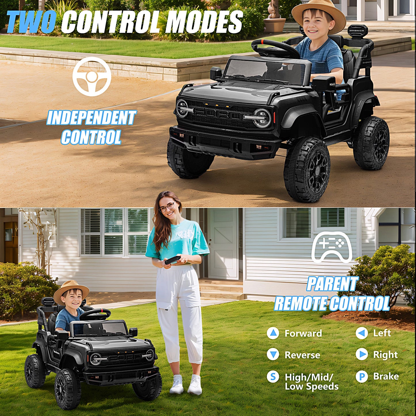 iRerts 12V Ride on Cars, Licensed Ford Bronco Raptor Toddlers Ride on Toys with Parental Remote Control, Bluetooth, FM Radio, LED Lights, Electric Car for Kids Boys Girls Ages 3-6,Black