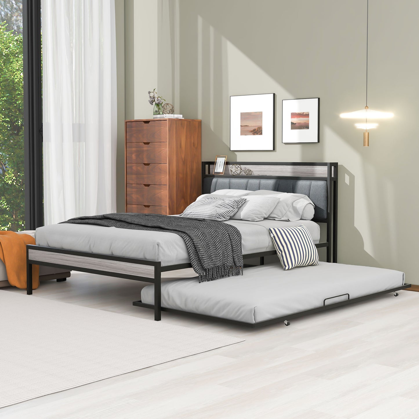 Full Size Metal Platform Bed Frame with Twin Size Trundle, Full Size Bed Frame with Upholstered Headboard, USB Ports, Steel Slat Support, Full Bed Frame No Box Spring Needed for Bedroom, Black