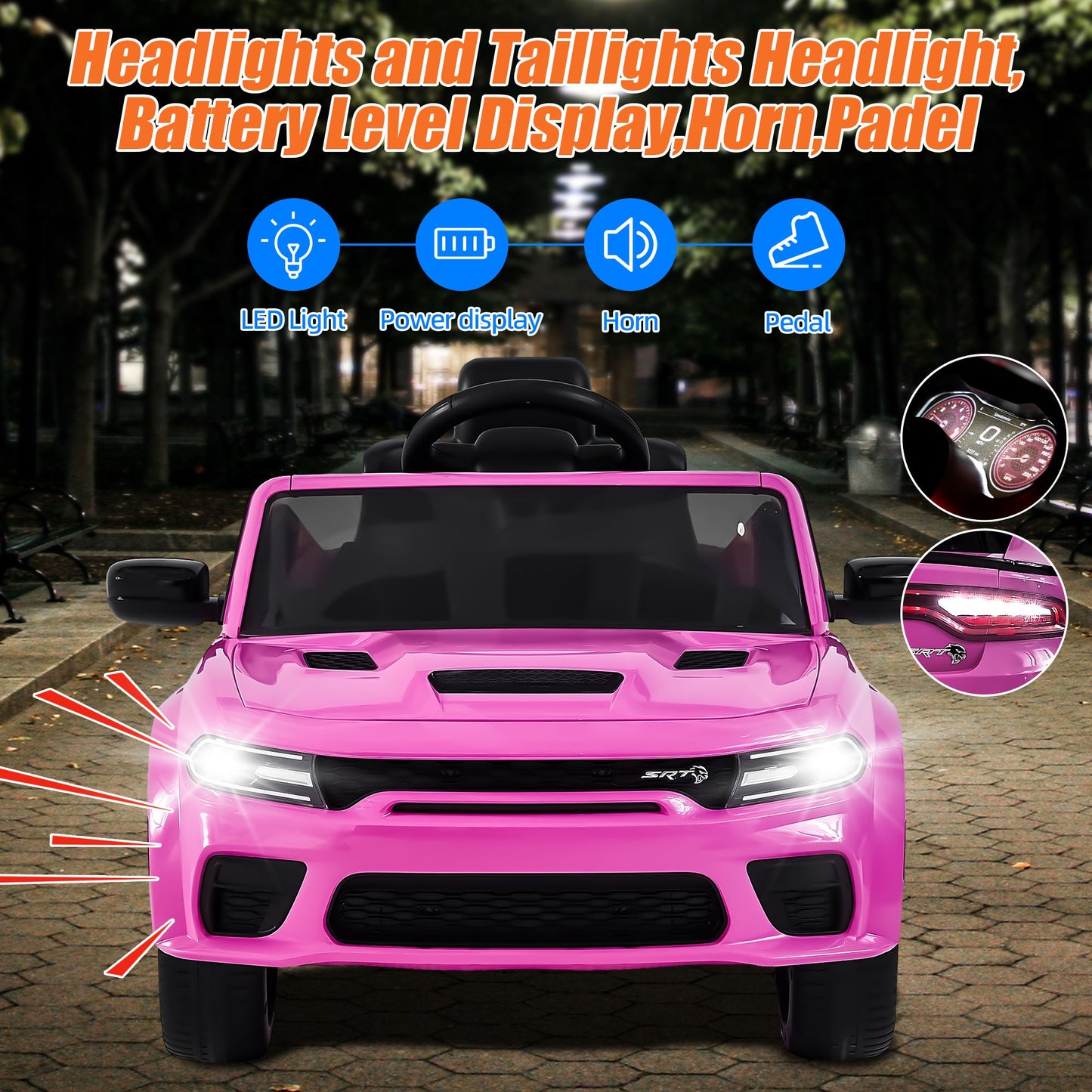 12V Dodge Charger Ride on Car with Remote Control Electric Vehicle for Boys and Girls Kids Ride on Toy for 3-6 Years Old, Power Ride on Truck, Bluetooth, LED light, Four wheel suspension