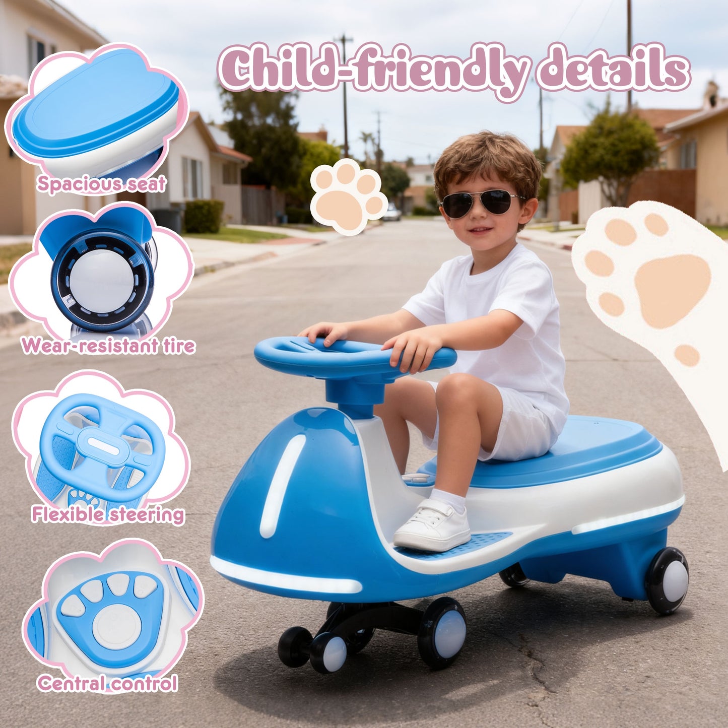 12V Electric Wiggle Car, Powered Ride on Toys for Kids with Flashing PU Wheels, Bluetooth Music, 2-in-1 Swing Car Kids Electric Vehicles for Boys Girls Ages 3+, Blue