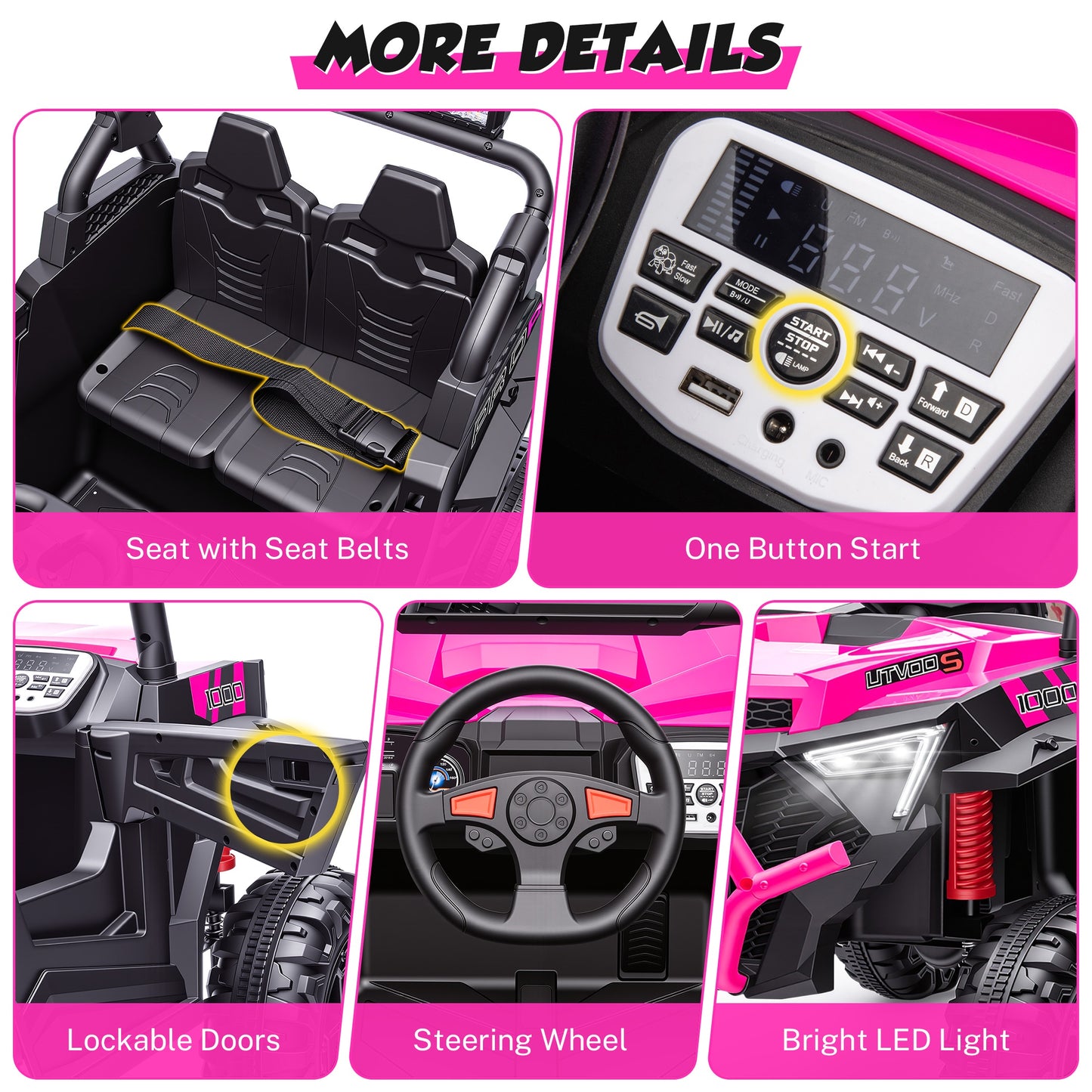 iRerts 24V Powered Ride on Toys, Electric Ride on UTV with Remote Control, Four-Wheel Suspension, LED Lights, Bluetooth Music, Ride on Cars Vehicle for Kids Ages 3-6, Pink