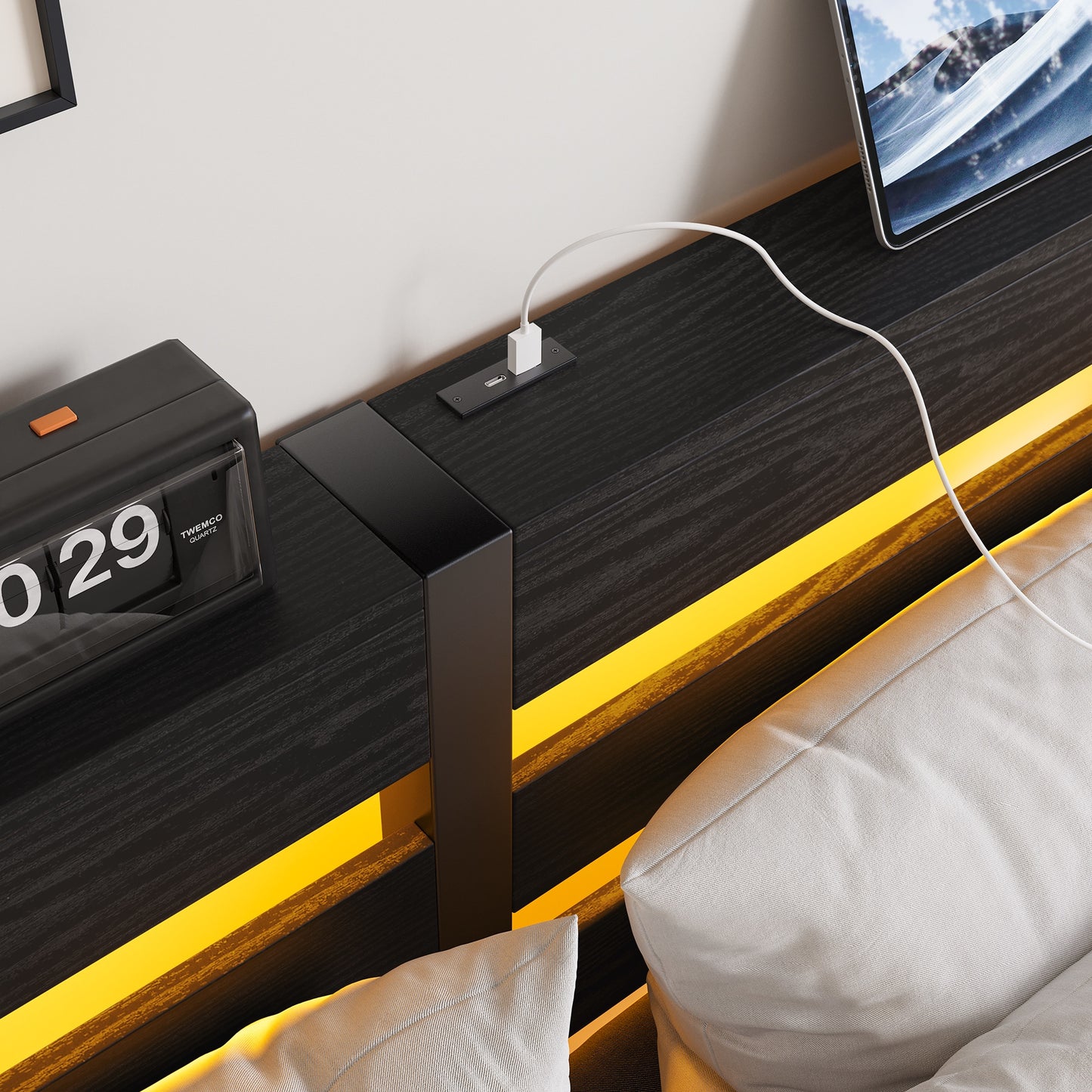 iRerts Queen Bed Frame with Headboard, Metal Platform Bed Frame Queen Size with USB Charging Station, LED Lights, Steel Slats, LED Bed Frame No Box Spring Needed for Bedroom Furniture, Black
