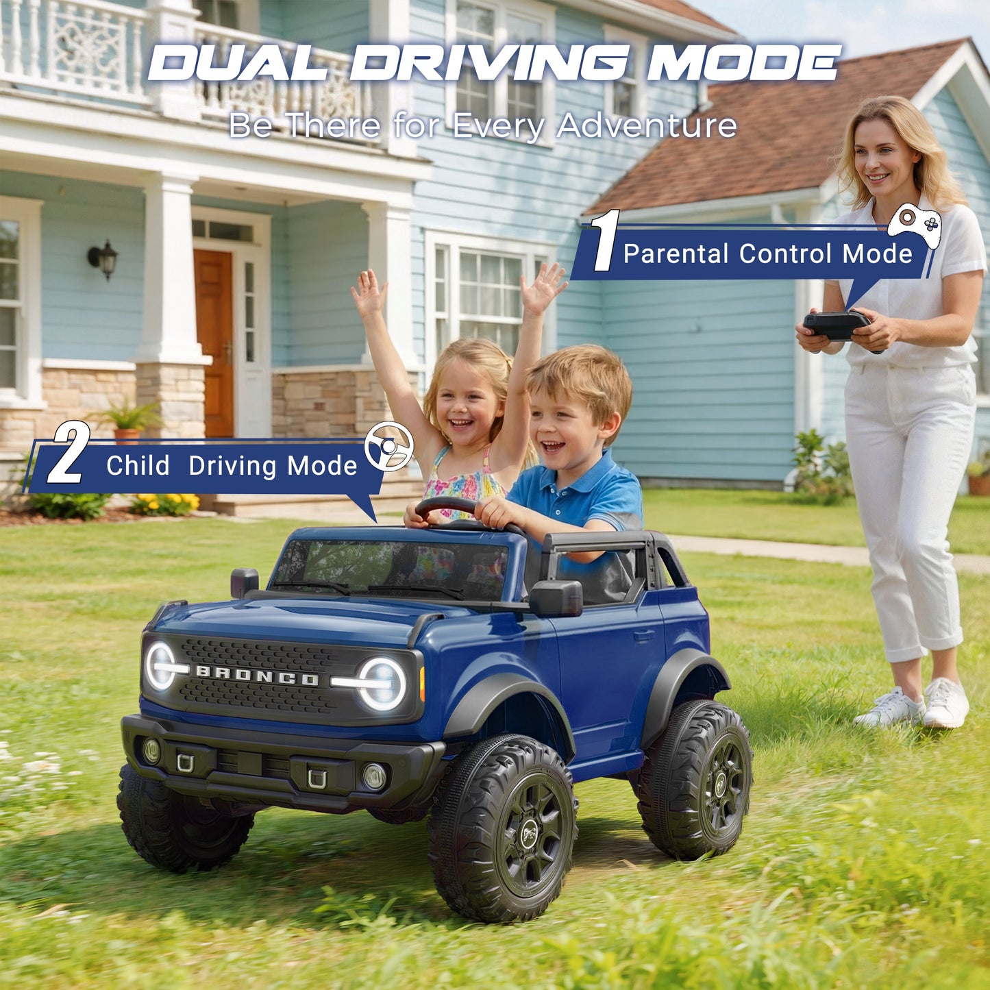 iRerts 2 Seater Ride on Cars, Licensed Ford Bronco Base 24V Ride on Toys for Big Kids Ages 3-8, Powered Kids Car Electric Vehicle with Remote Control, Bluetooth, LED Lights, 4 Wheel Suspension, Blue