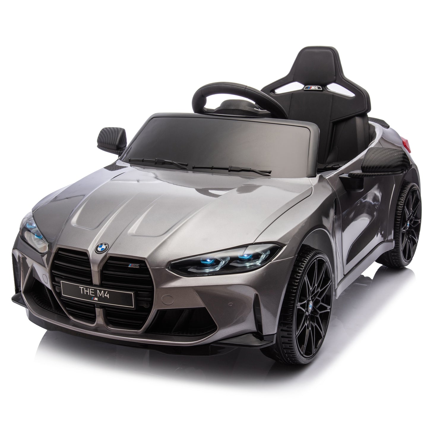 BMW M4 Silver 12V Ride On Cars with Remote Control, Battery Powered Ride on Toys with Music, Bluetooth, Story, USB/MP3 Port, LED Light, Kids Electric Vehicle for Boys Girls with Wheels, Easy to Carry