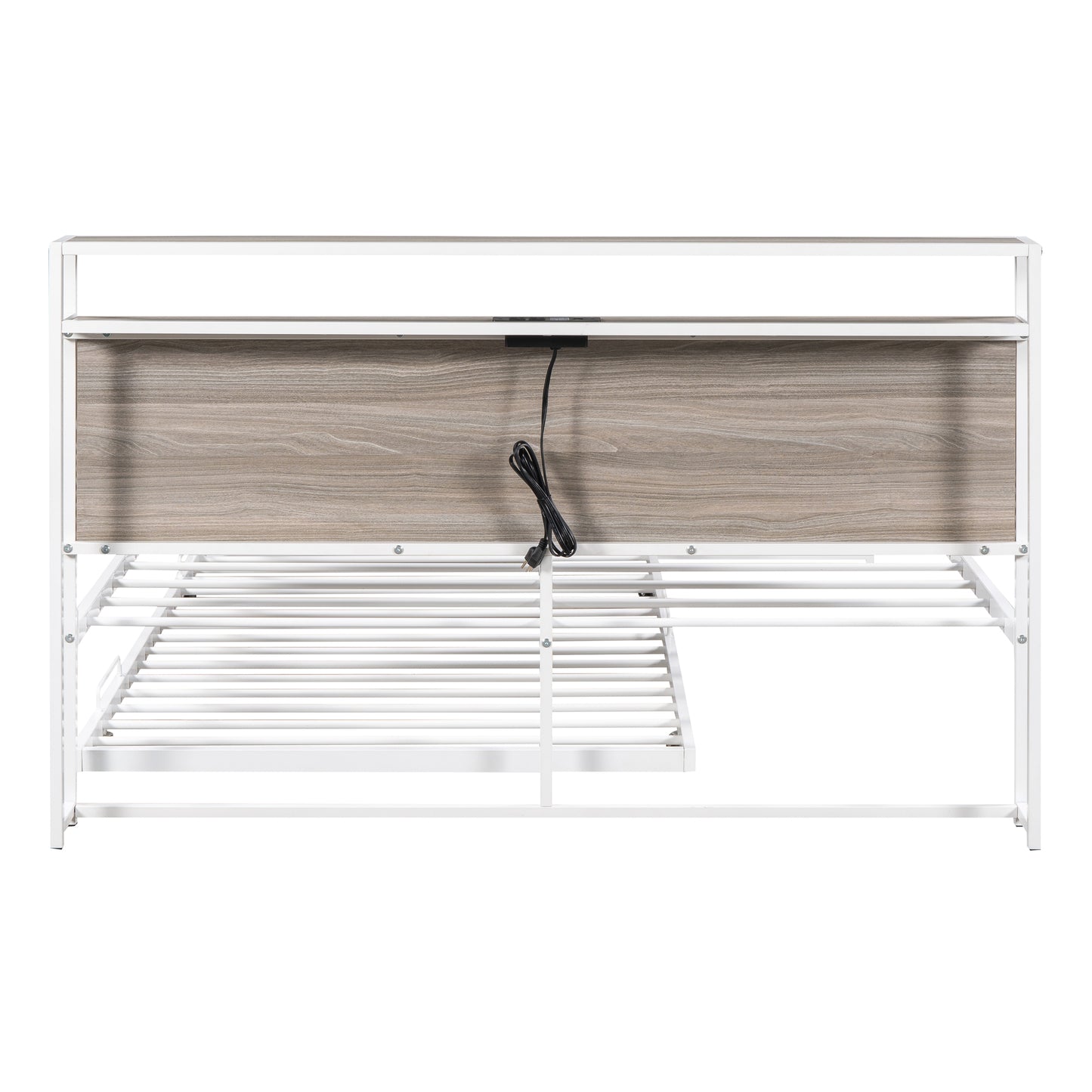 Queen Size Metal Platform Bed Frame with Twin Size Trundle, Queen Size Bed Frame with Storage Headboard, Outlet/USB Ports, Steel Slat Support, Queen Bed Frame No Box Spring Needed for Bedroom, White