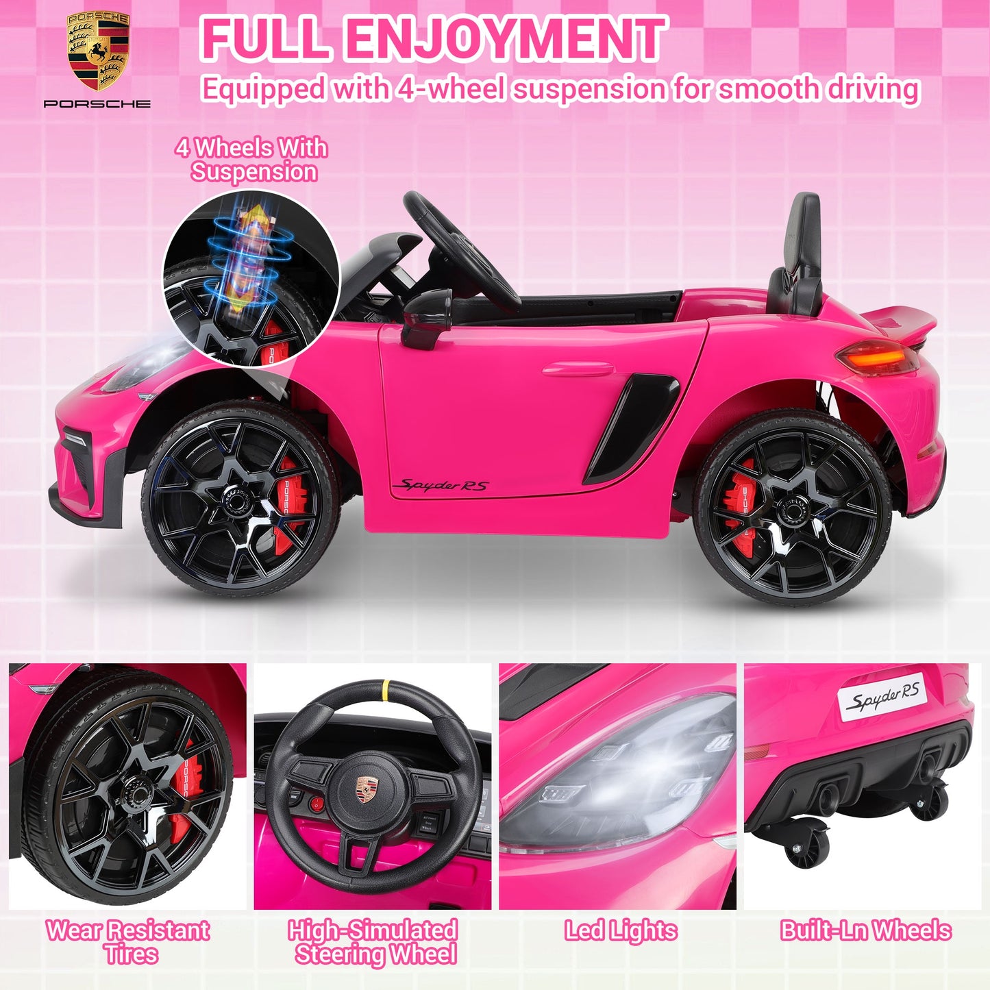12V Powered Ride On Toys, Licensed Porsche 718 Ride on Car for Kids Boys Girls Christmas Gifts Ages 3-5, Kids Cars Electric Vehicle with Remote Control, Bluetooth, Music, LED Light, 4 Wheeler, Pink
