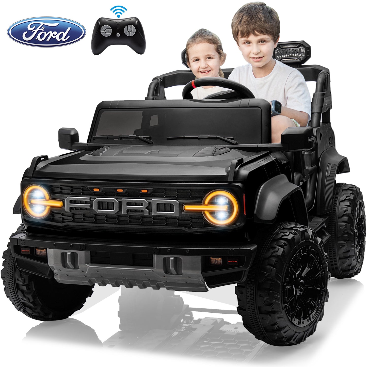 24V 2 Seater Ride on Toy Car, Licensed Ford Bronco Raptor Ride on Trucks with Remote Control, Bluetooth Music Player, Spring Suspension, Battery Powered Electric Car for Kids Boys Girl Ages 3-8, Black