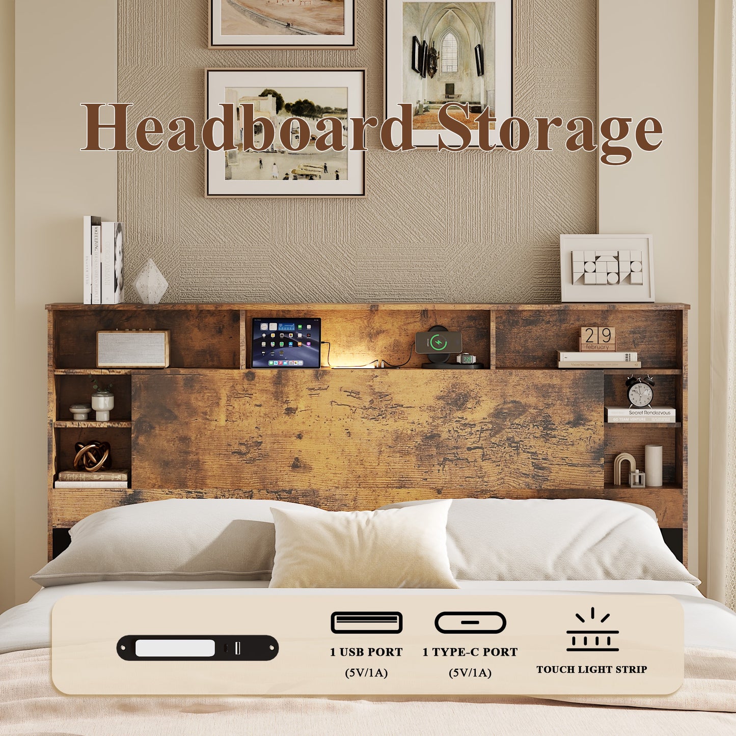 iRerts Wood Queen Platform Bed Frame, Queen Bed Frame with Storage Headboard, Charging Station, LED Lights, Queen Bed Frame No Box Spring Needed, Dark Brown