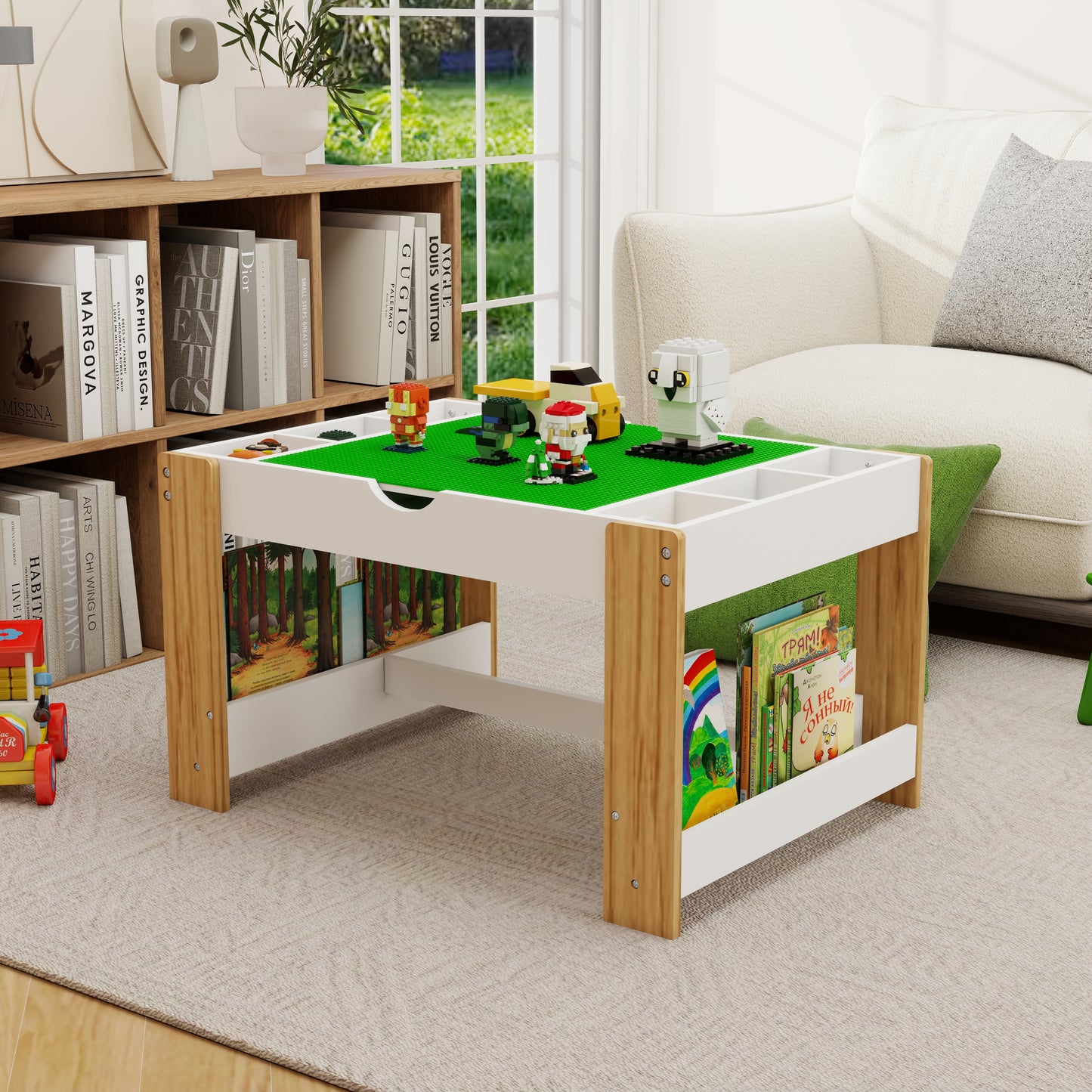 Kids Activity Table, 2 in 1 Reversible Kids Play Table with Building Bricks, Whiteboard, Toy Organizer Compatible, Wood Building Block Desk for Drawing, Reading, Arts, Crafts, White
