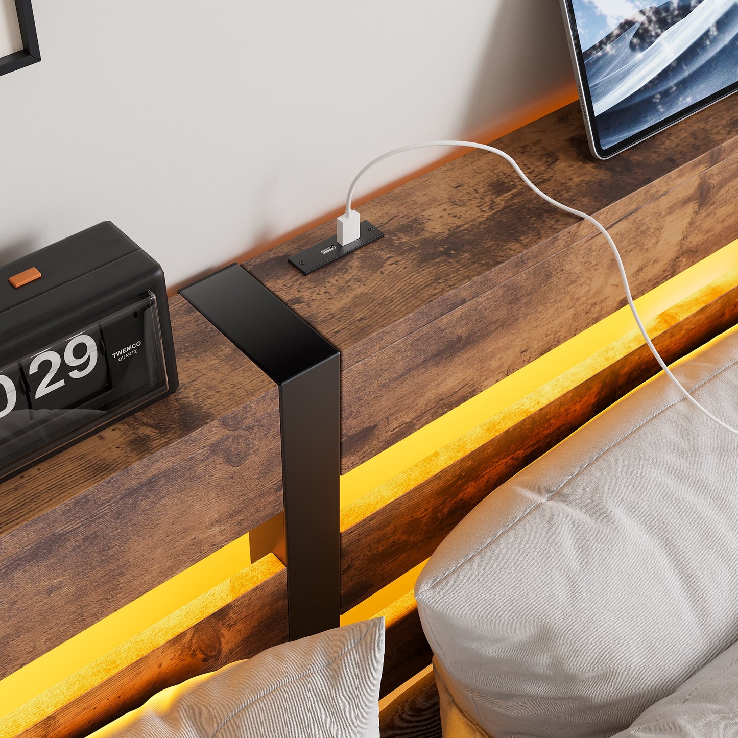 iRerts Queen Bed Frame with Headboard, Metal Platform Bed Frame Queen Size with USB Charging Station, LED Lights, Steel Slats, LED Bed Frame No Box Spring Needed for Bedroom Furniture, Brown