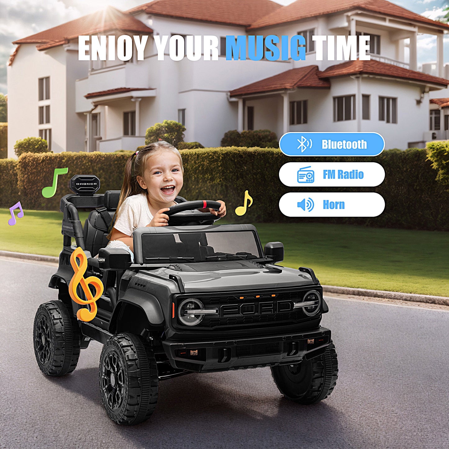 iRerts 12V Ride on Cars, Licensed Ford Bronco Raptor Toddlers Ride on Toys with Parental Remote Control, Bluetooth, FM Radio, LED Lights, Electric Car for Kids Boys Girls Ages 3-6,Black