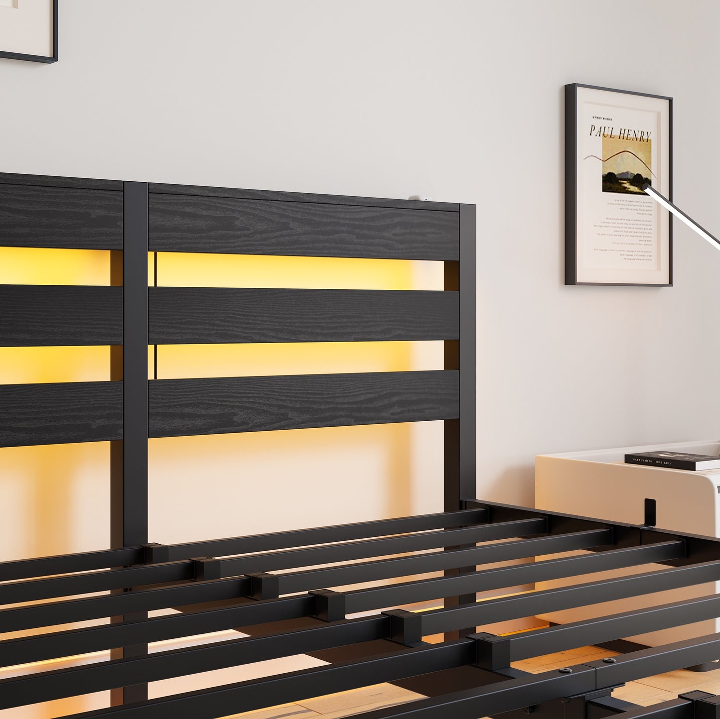 iRerts Queen Bed Frame with Headboard, Metal Platform Bed Frame Queen Size with USB Charging Station, LED Lights, Steel Slats, LED Bed Frame No Box Spring Needed for Bedroom Furniture, Black