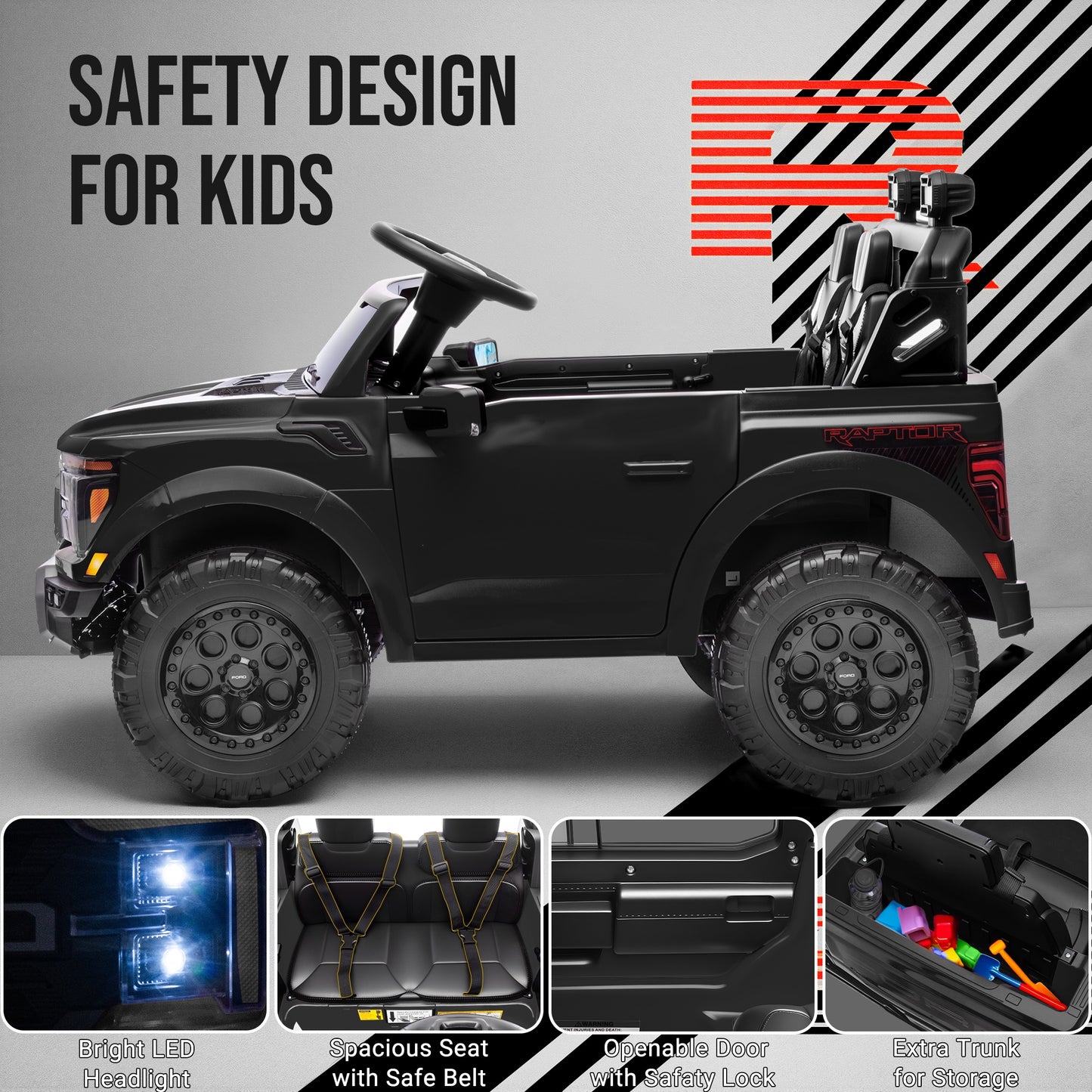 iRerts 24V Ride on Toys for Big Kids, Licensed Ford F 150 Raptor 2 Seater Ride on Cars with Remote Control, Bluetooth, FM Radio, LED Lights, 4 Wheels Suspension, Electric Car for Kids Ages 3-8, Black