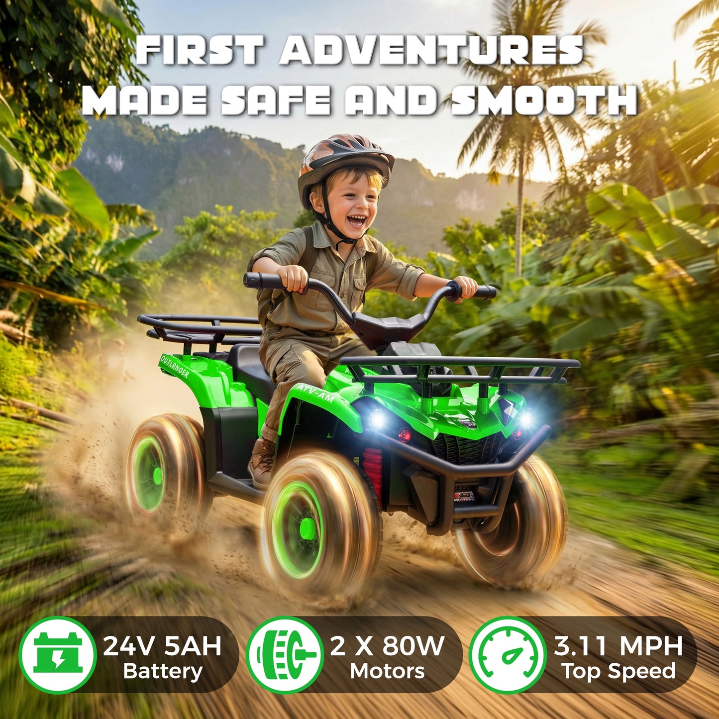 iRerts 24V Ride on ATV, Powered Ride on Toys for Kids Boys Girls Ages 3-5, Kids 4 Wheeler Electric Cars with Bluetooth, Music, LED Headlights, Front Rear Storage Racks, Crash Bars, Green
