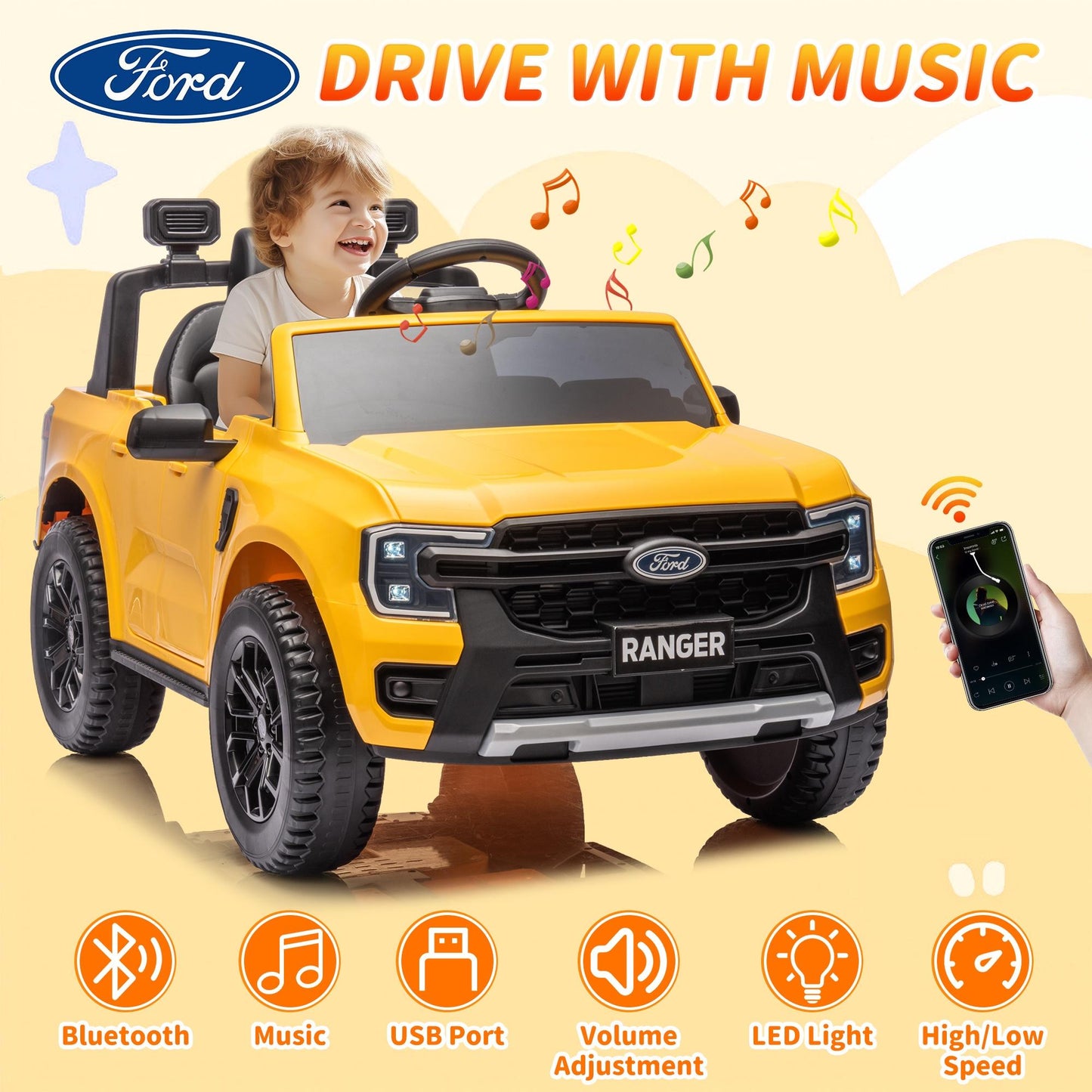 12V Ride on Cars with Remote Control, Ford Ranger Electric Cars for Kids with Bluetooth, Music, USB Port, Horn, LED Lights, Battery Powered Ride on Toys for Kids Boys Girls 3-6 Ages Gifts, Yellow