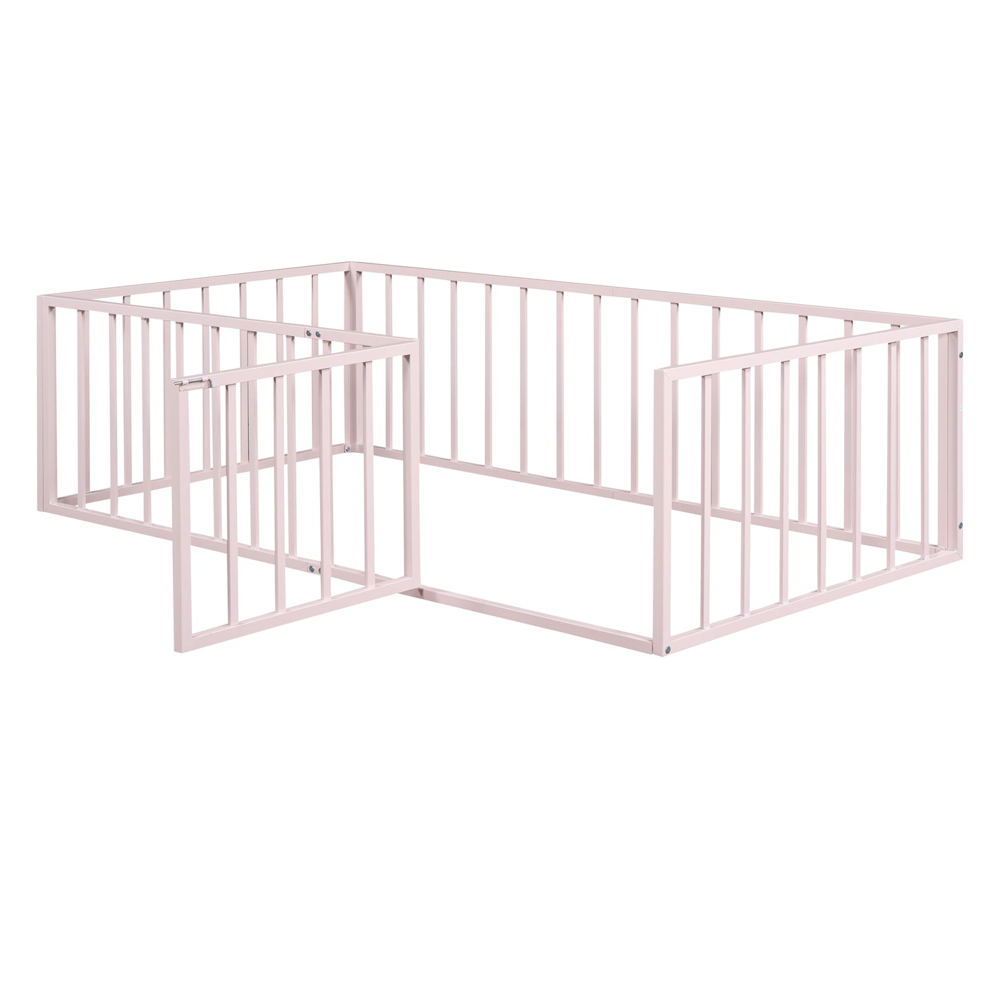 iRerts Twin Floor Bed Frame, Metal Twin Size Montessori Floor Bed Frame with Fence and Door, Kids Toddler Floor Bed Frame Twin Size for Girls Boys, Twin Bed Frame without Bed Slats, Pink