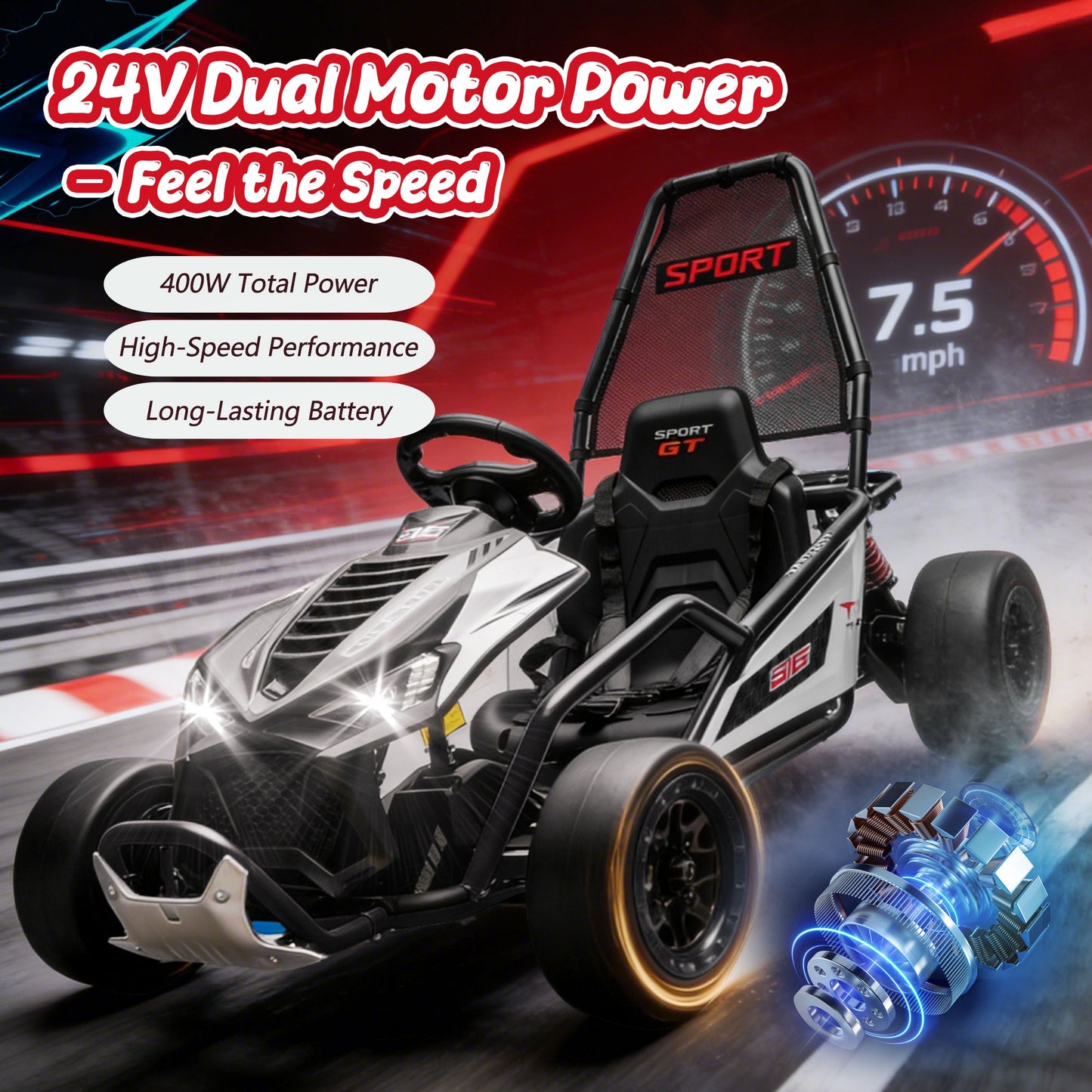 24V Powered Ride on Toys, iRerts Electric Go Kart with Drift Mode, Bluetooth Music, EVA Front Tires, Rear Wheel Suspension, Max Speed 7.5 MPH, Crazy Go Cart Electric Car for Kids 6-12 Ages, Black