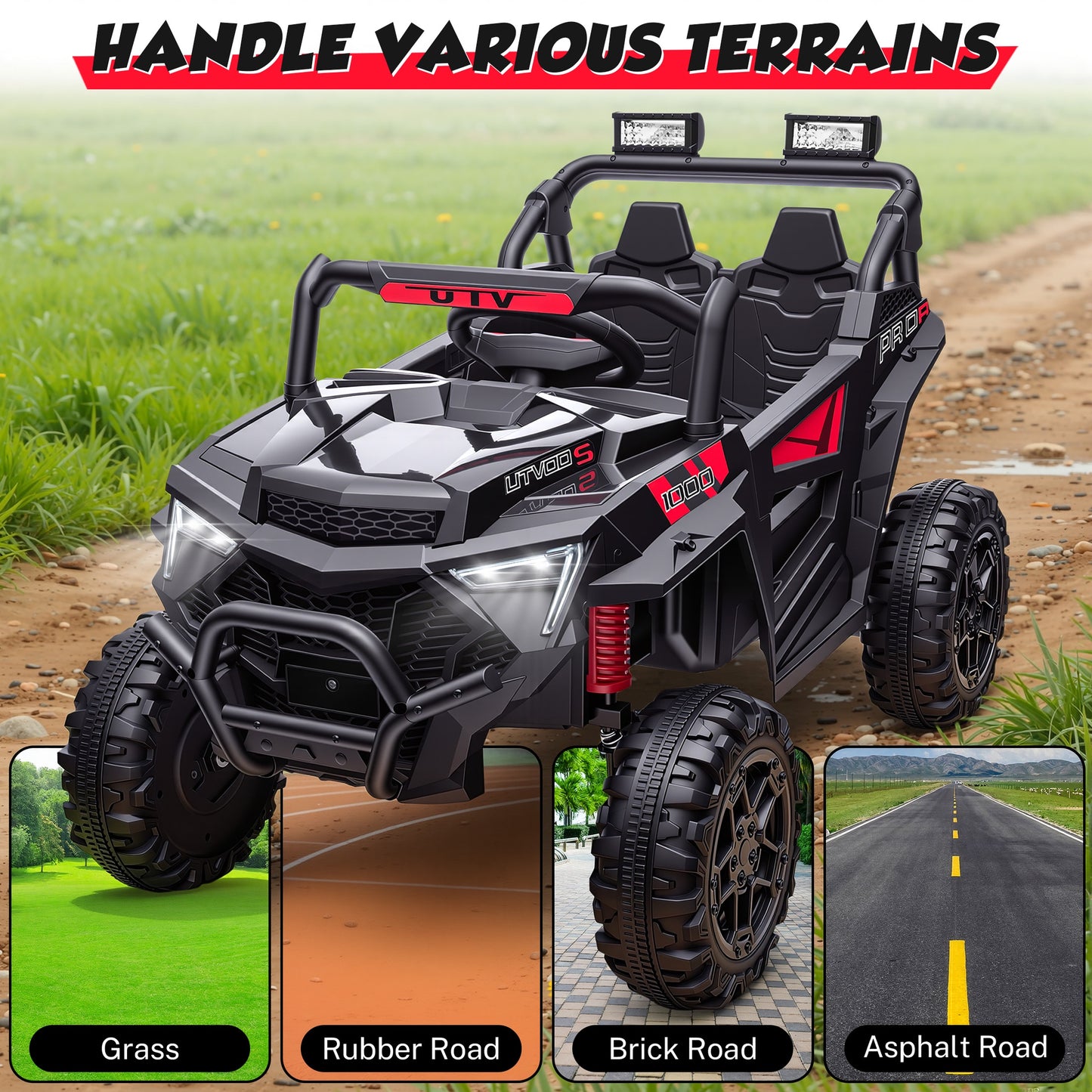 iRerts 24V Powered Ride on Toys, Electric Ride on UTV with Remote Control, Four-Wheel Suspension, LED Lights, Bluetooth Music, Ride on Cars Vehicle for Kids Ages 3-6, Black
