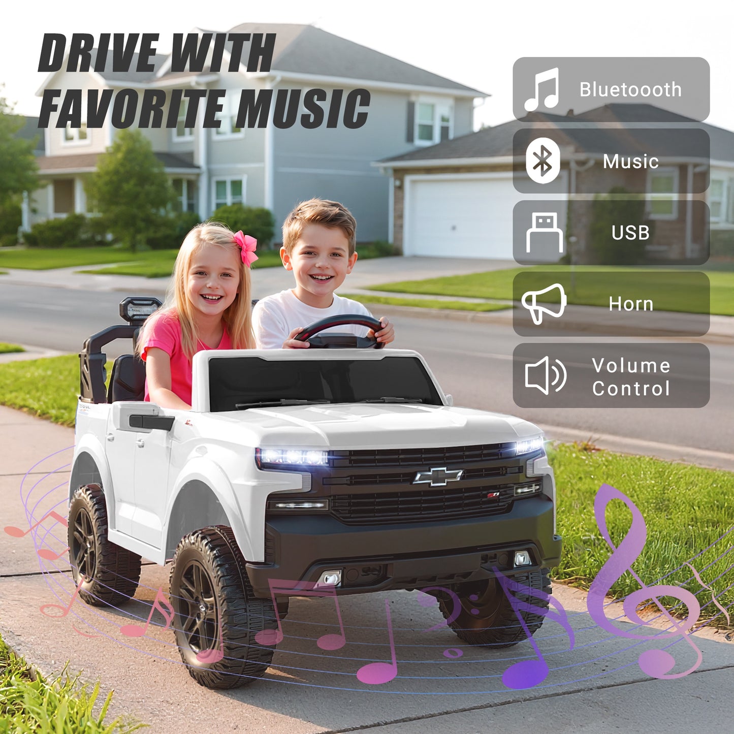 24V Powered Ride on Toys Car, Licensed Chevrolet Silverado 2 Seater Ride on Cars with Remote Control, Spring Suspension, LED Lights, Bluetooth Music, Toddler Electric Car for Kids Ages 3+, White