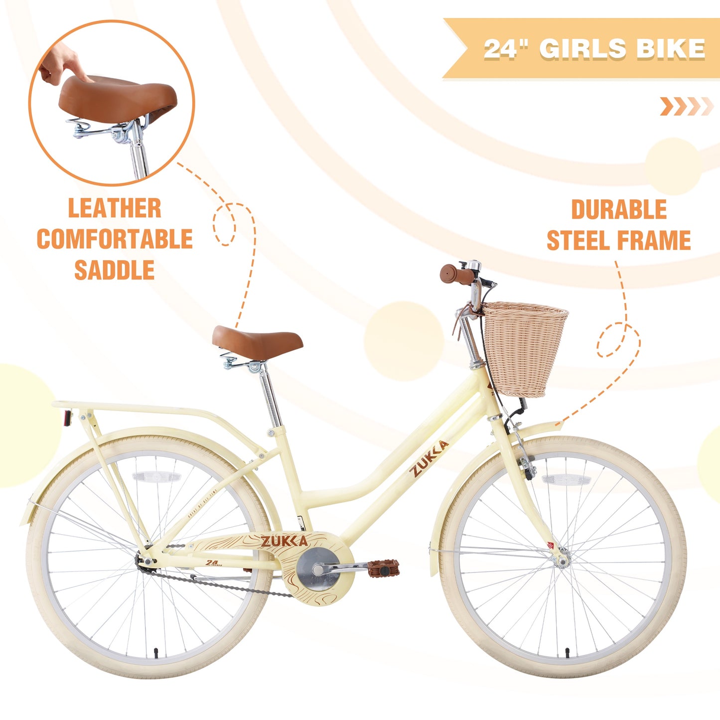 iRerts Girls Bike for 10+ Years Old Kids, 24 Inch Bike with Basket, Brown Leather Saddle, Coaster Brakes, Retro Style Girls Bicycle Cycle Bikes, Women Bicycle for Gifts, Pink