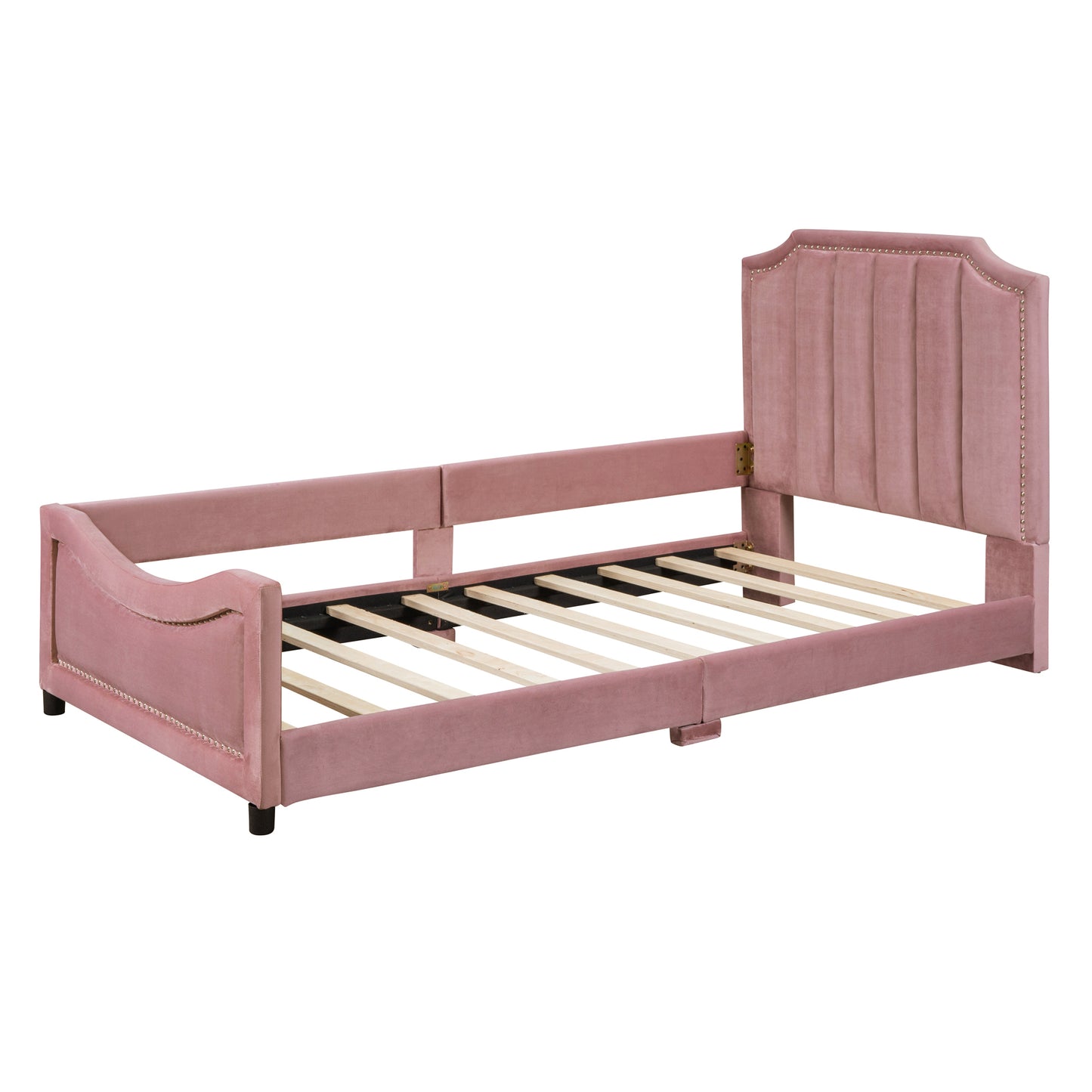iRerts Upholstered Twin Platform Bed Frame, Velvet Twin Daybed Frame with Classic Stripe Shaped Headboard and Footboard, Wood Twin Size Sofa Bed for Kids Girls Boys, No Box Spring Needed, Pink