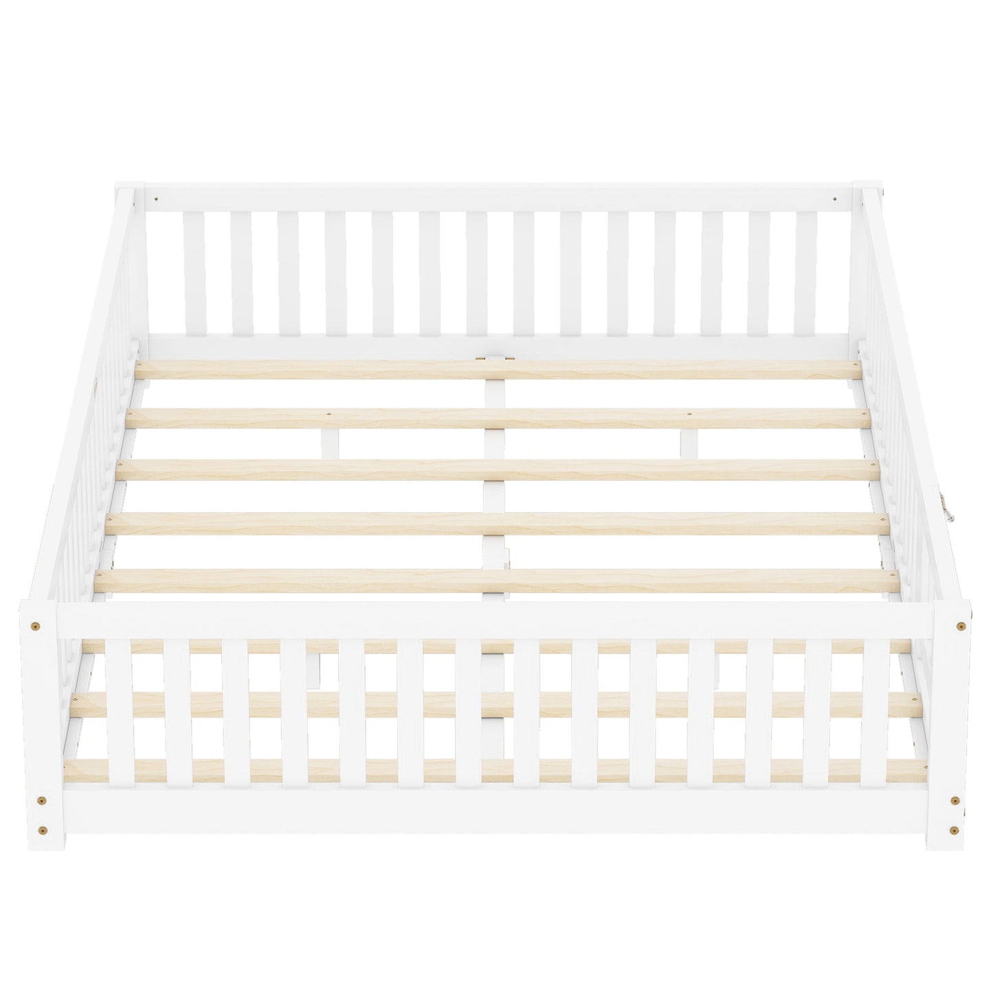 iRerts Queen Floor Bed Frame for Toddlers Kids, Wood Queen Montessori Bed Frame with Slats, Fence, Door, Kids Montessori Bed Queen Size, Queen Toddler Bed Frame for Boys Girls, White