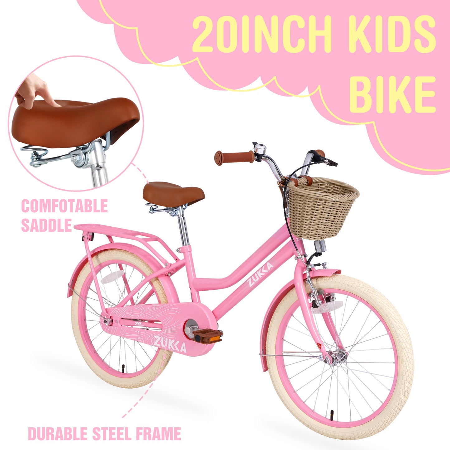iRerts Girls Bike for 7-10 Years Old Kids, 20 Inch Bike with Basket, Brown Leather Saddle, Coaster Brakes, Retro Style Girls Bicycle Kids Cycle Bikes, Kids Bicycle for Gifts, Light Pink