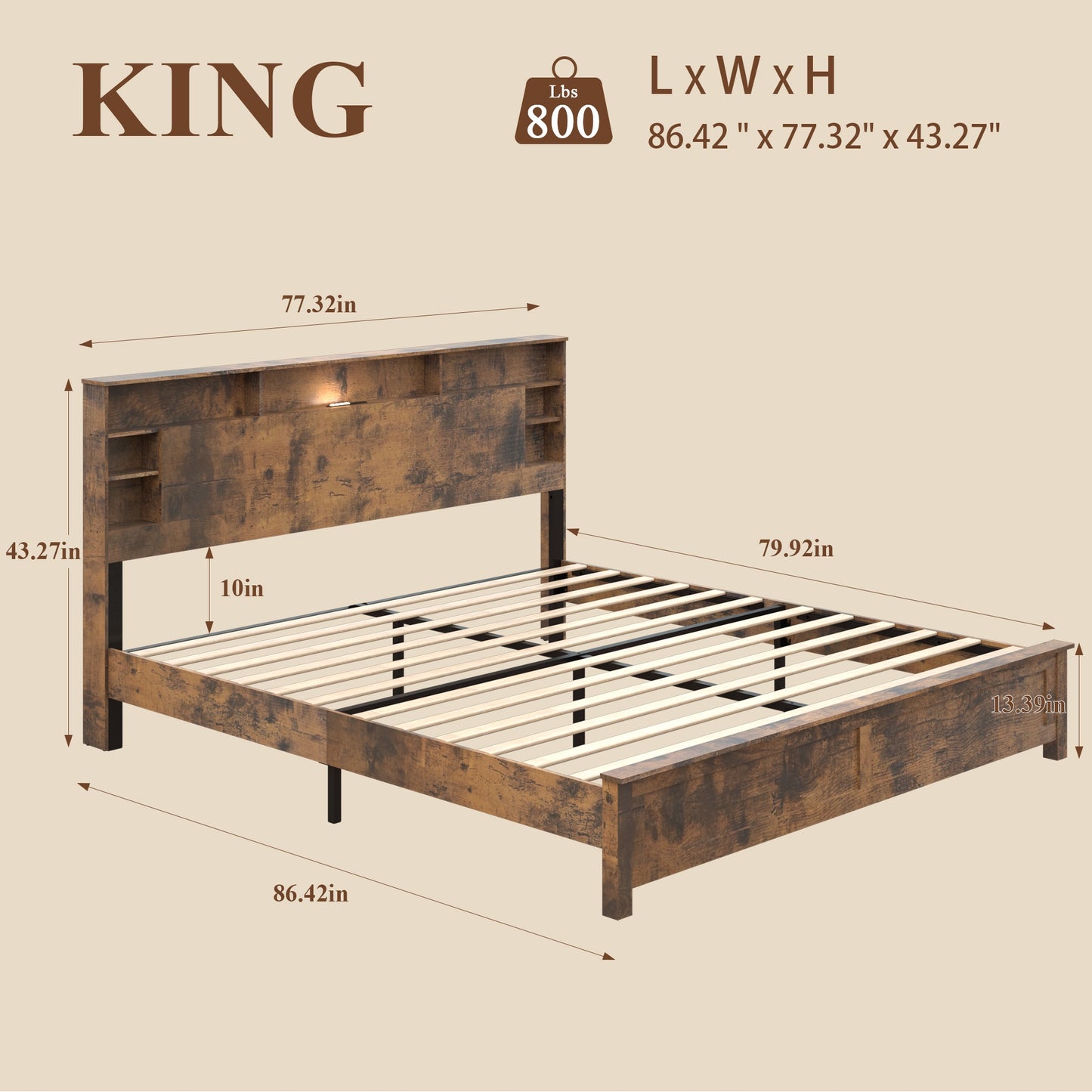 iRerts Wood King Platform Bed Frame, King Bed Frame with Storage Headboard, Charging Station, LED Lights, King Bed Frame No Box Spring Needed, Dark Brown