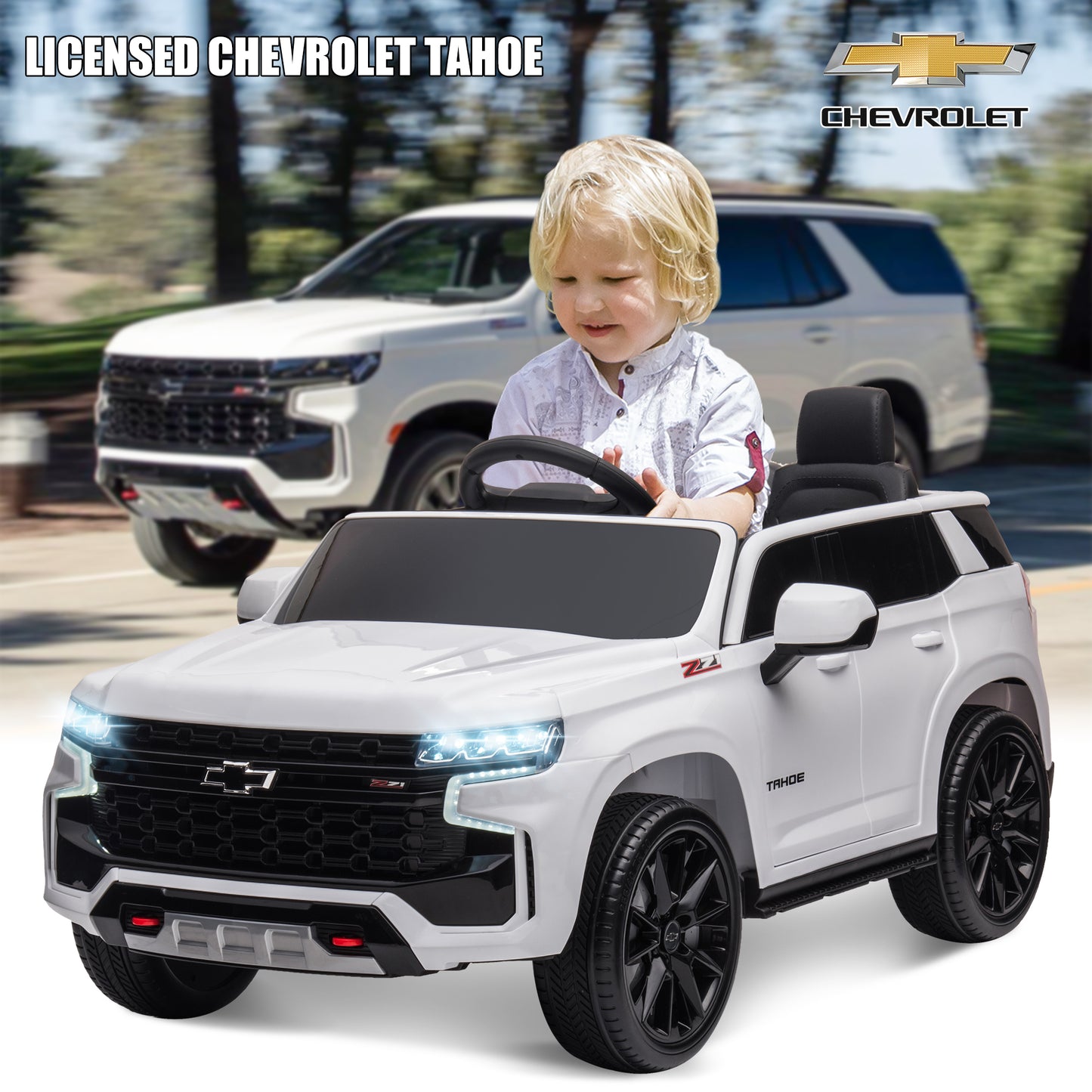 iRerts 12V Ride On Toys with Remote Control, Licensed Chevrolet Tahoe Kids Ride on Cars with Music, LED Lights, MP3/USB/AUX Port, Kids Electric Vehicle for Boys Girls, White