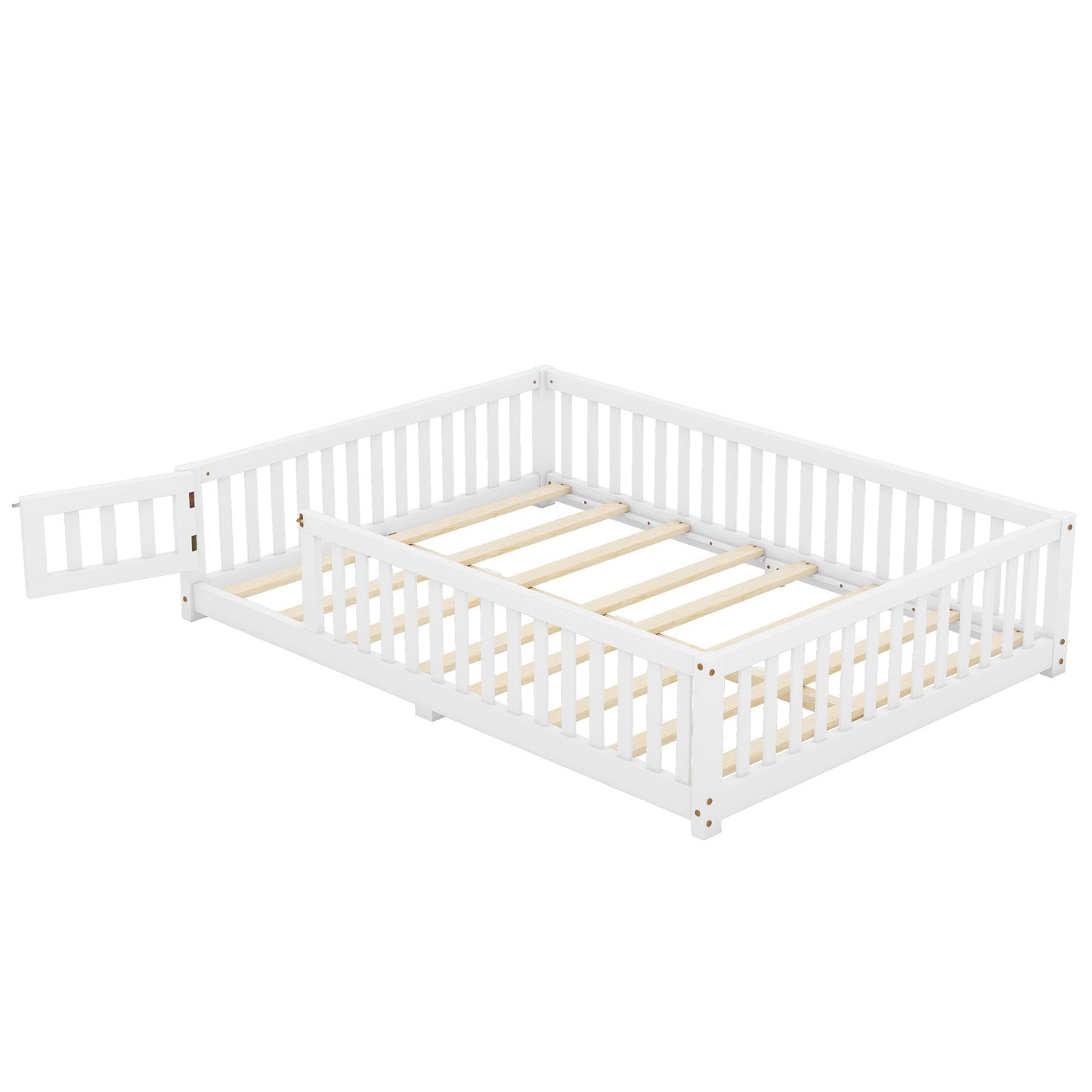 iRerts Full Floor Bed Frame for Toddlers Kids, Wood Full Montessori Bed Frame with Slats, Fence, Door, Kids Montessori Bed Full Size, Full Toddler Bed Frame for Boys Girls, White