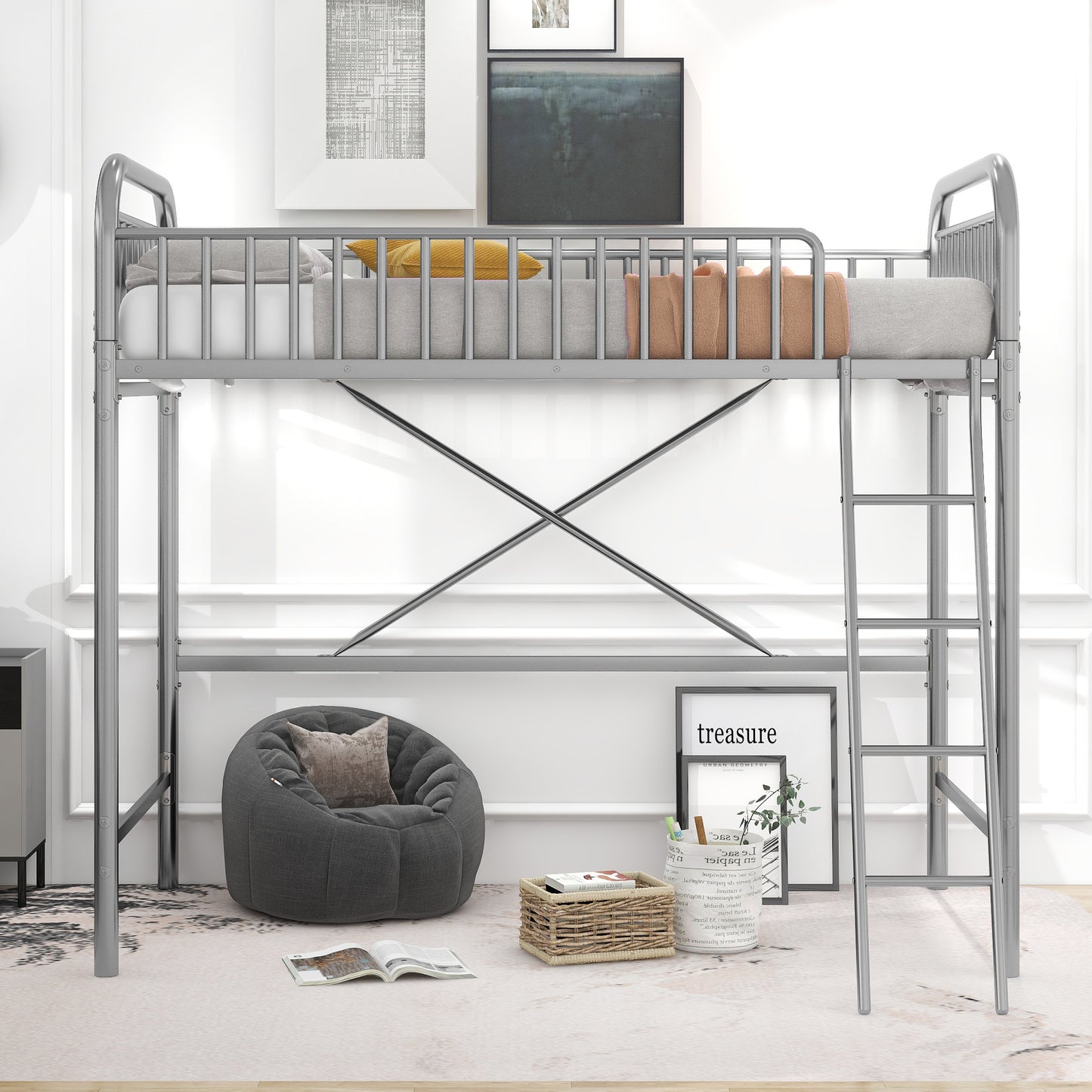 iRerts Twin Size Loft Bed, Metal Loft Bed Twin for Kids Teens Adults, Twin Loft Bed with Ladder and Full-Length Guardrail, Twin Metal Loft Bed for Bedroom Dorm Guest Room, No Box Spring Needed, Silver
