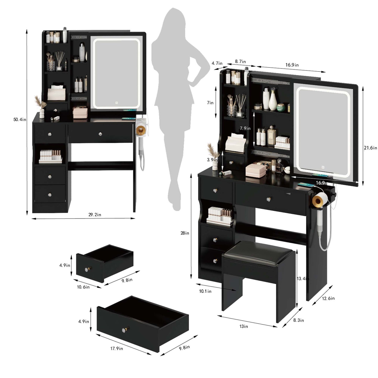 iRerts Vanity Desk with Chair, Makeup Vanity Set with LED Mirror, 2 AC+2 USB Power Station, Brightness Adjustable, Shelf, Drawers, Makeup Vanity Desk Dressing Table Set for Bedroom Small Space, Black