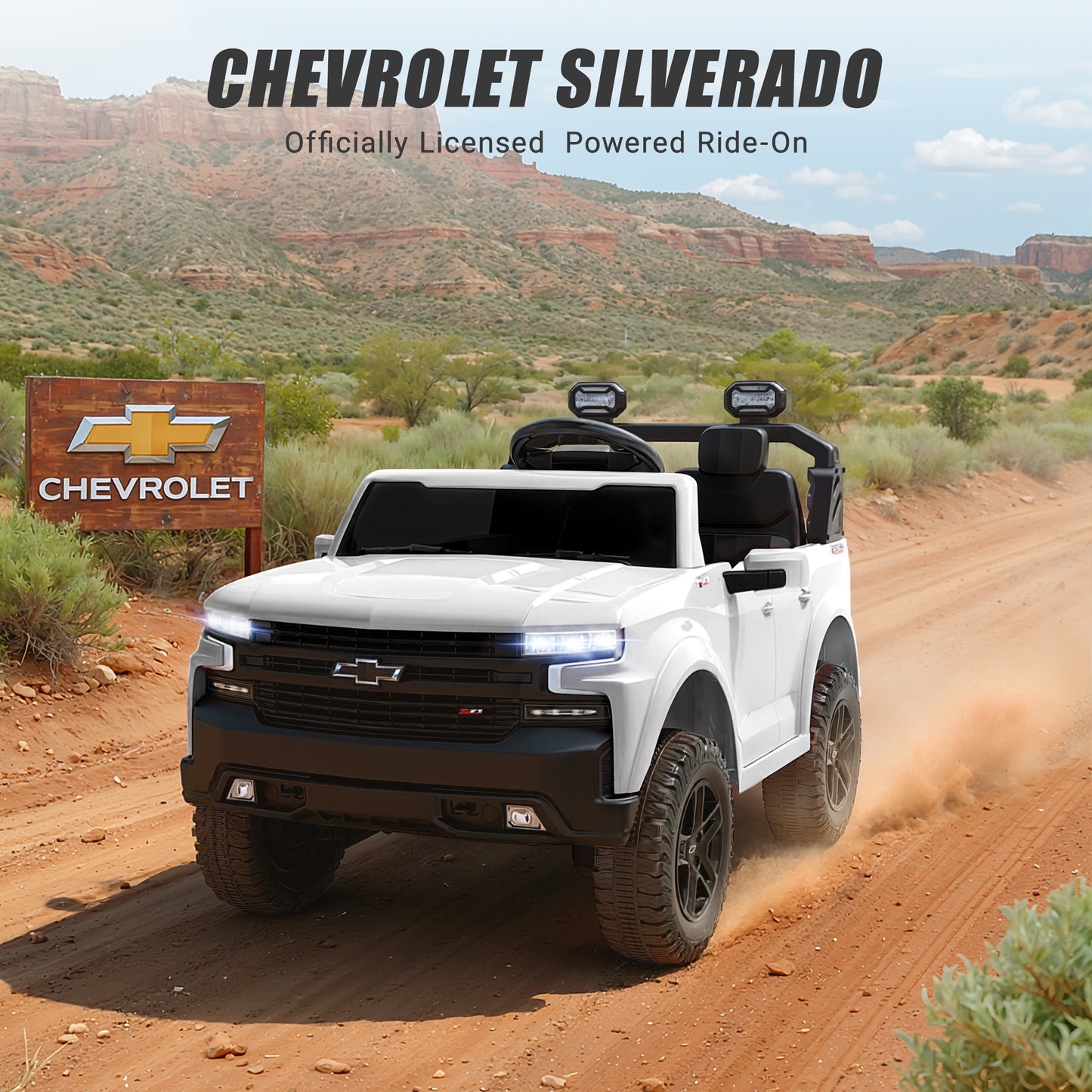 24V Powered Ride on Toys Car, Licensed Chevrolet Silverado 2 Seater Ride on Cars with Remote Control, Spring Suspension, LED Lights, Bluetooth Music, Toddler Electric Car for Kids Ages 3+, White