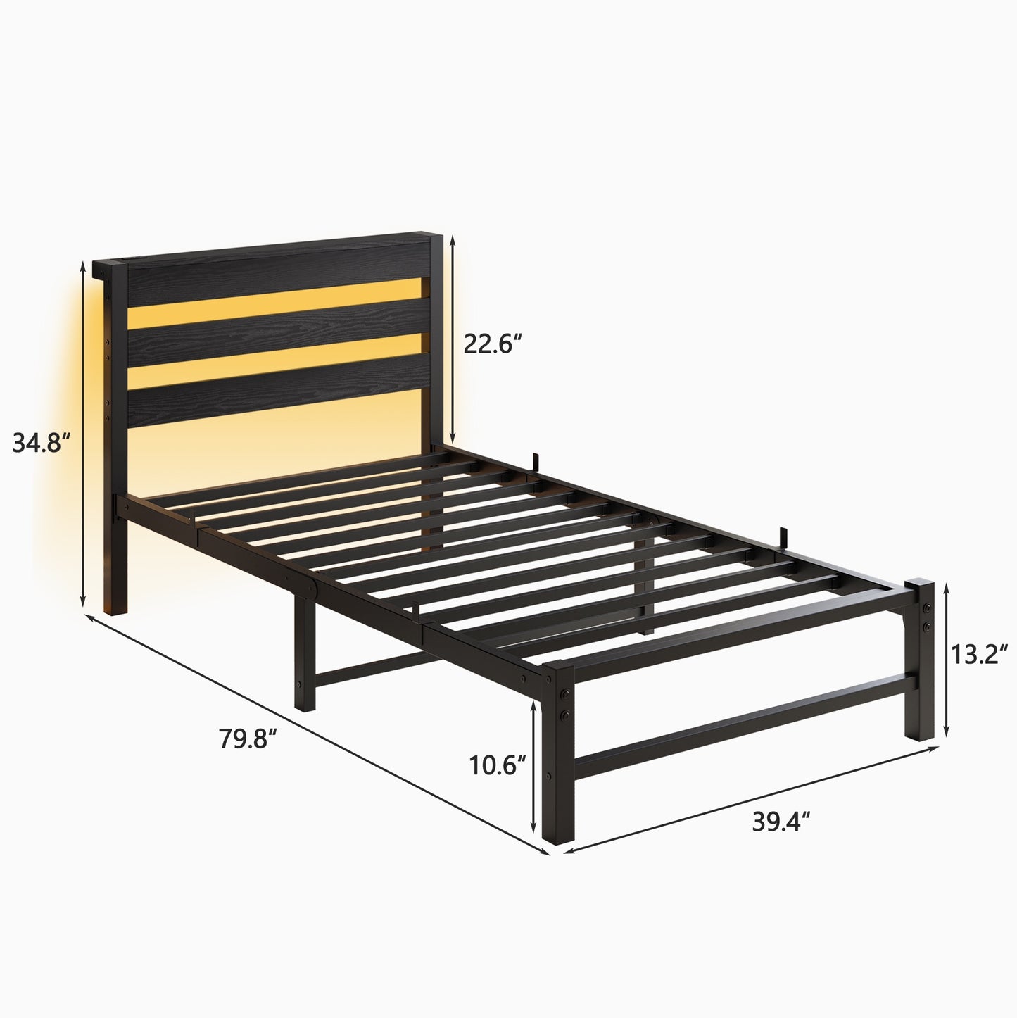 iRerts Twin Bed Frame with Headboard, Metal Platform Bed Frame Twin Size with USB Charging Station, LED Lights, Steel Slats, LED Bed Frame No Box Spring Needed for Bedroom Furniture, Black