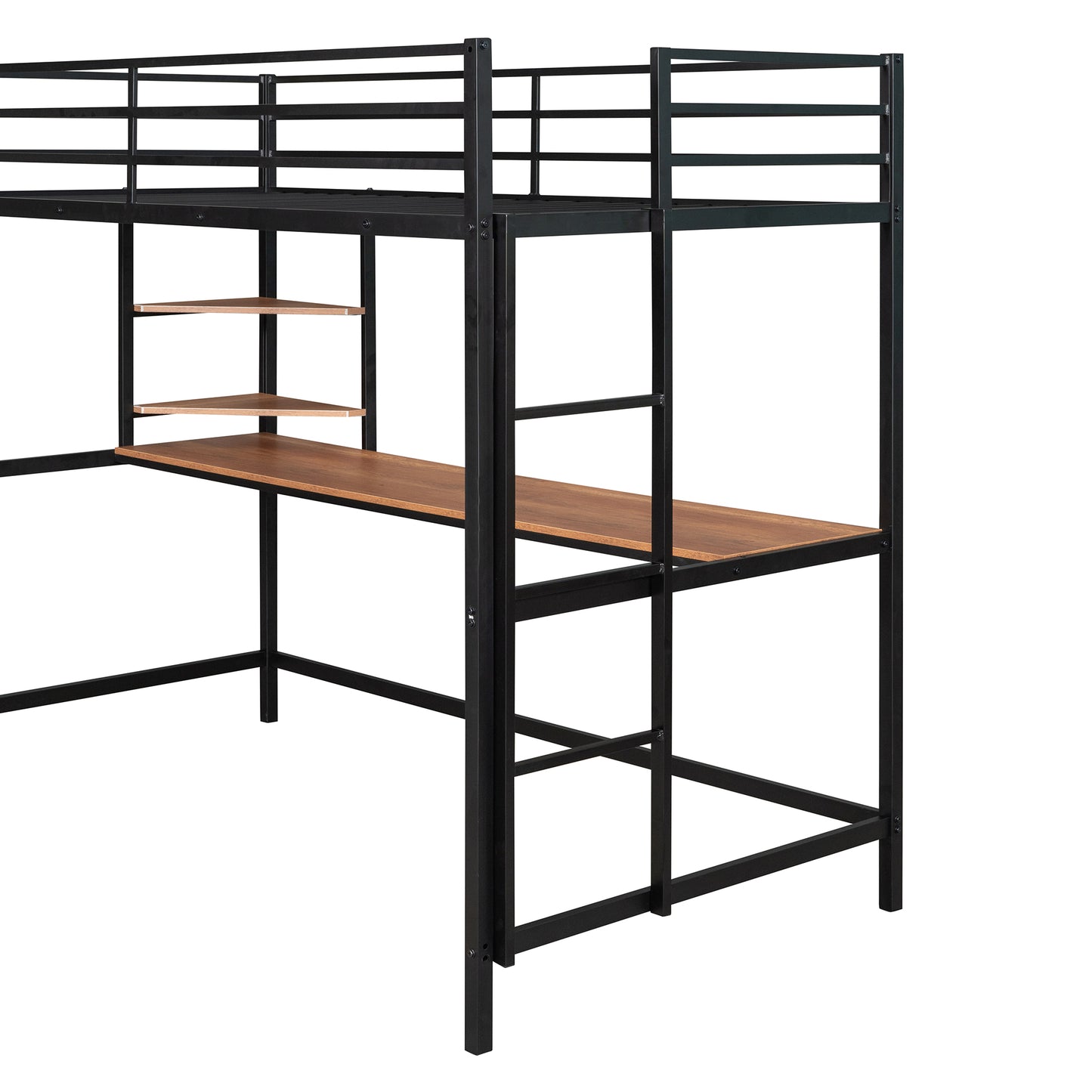 iRerts Loft Bed with Desk and Shelves, Metal Loft Bed Twin for Kids Teens Adult, Twin Size Loft Bed with Safety Guardrail, Modern Black Loft Bed Twin for Dorm Bedroom Guest Room, No Box Spring Needed