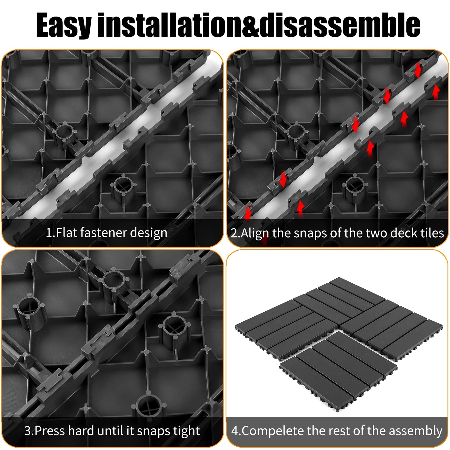 iRerts Plastic Interlocking Deck Tiles, 44 Pack Outdoor Flooring Tiles 12" x 12", All Weather Use, Patio Floor Decking Tiles for Porch Poolside Balcony Backyard, Dark Gray