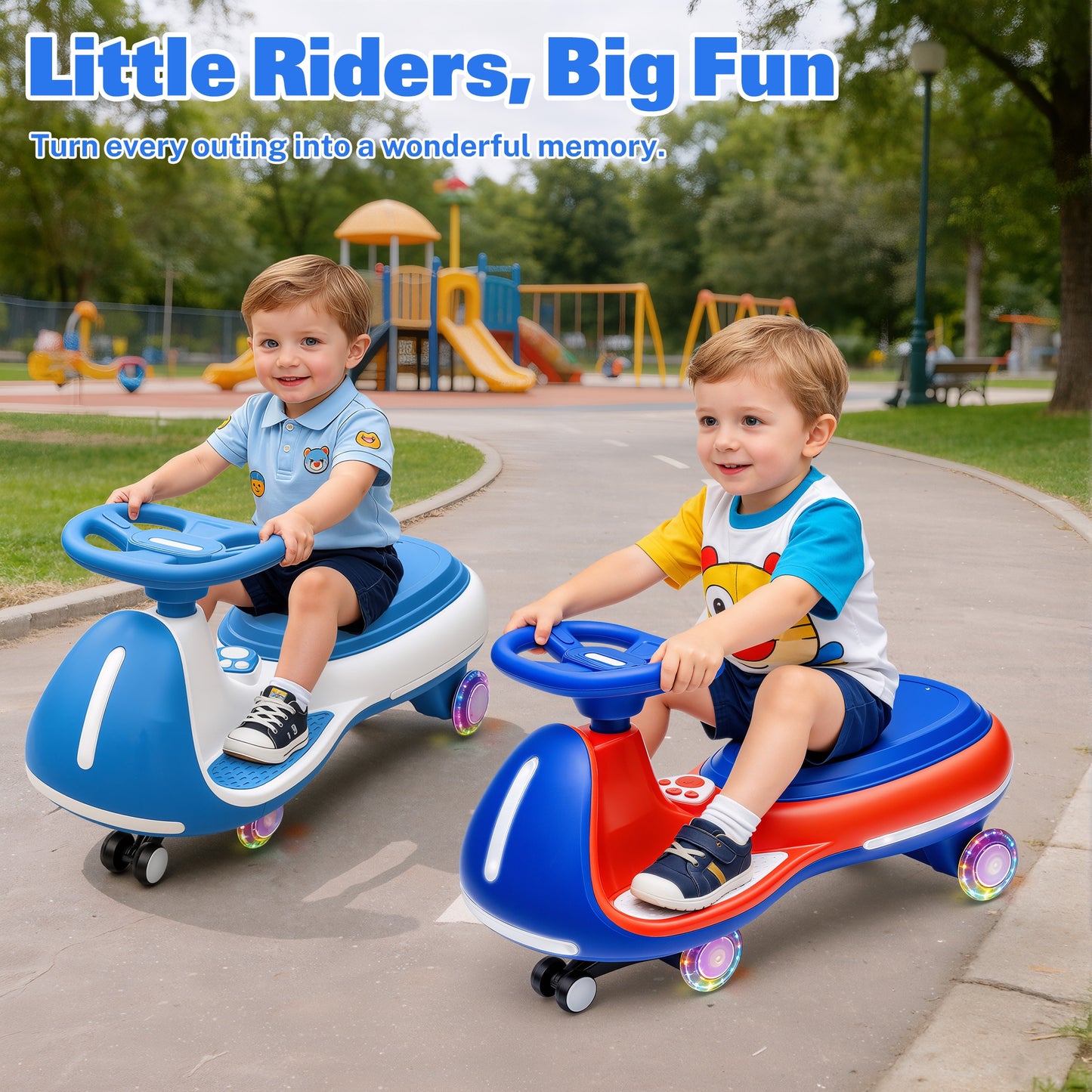 iRerts 12V Ride on Toys, Electric Ride on Wiggle Car with Pedal, 2 in 1 Swing Car Kids Wiggle Car for Toddlers Ages 3+, Kids Cars with Flashing PU Wheels, Bluetooth Music, 5MPH Max Speed, Blue+Red