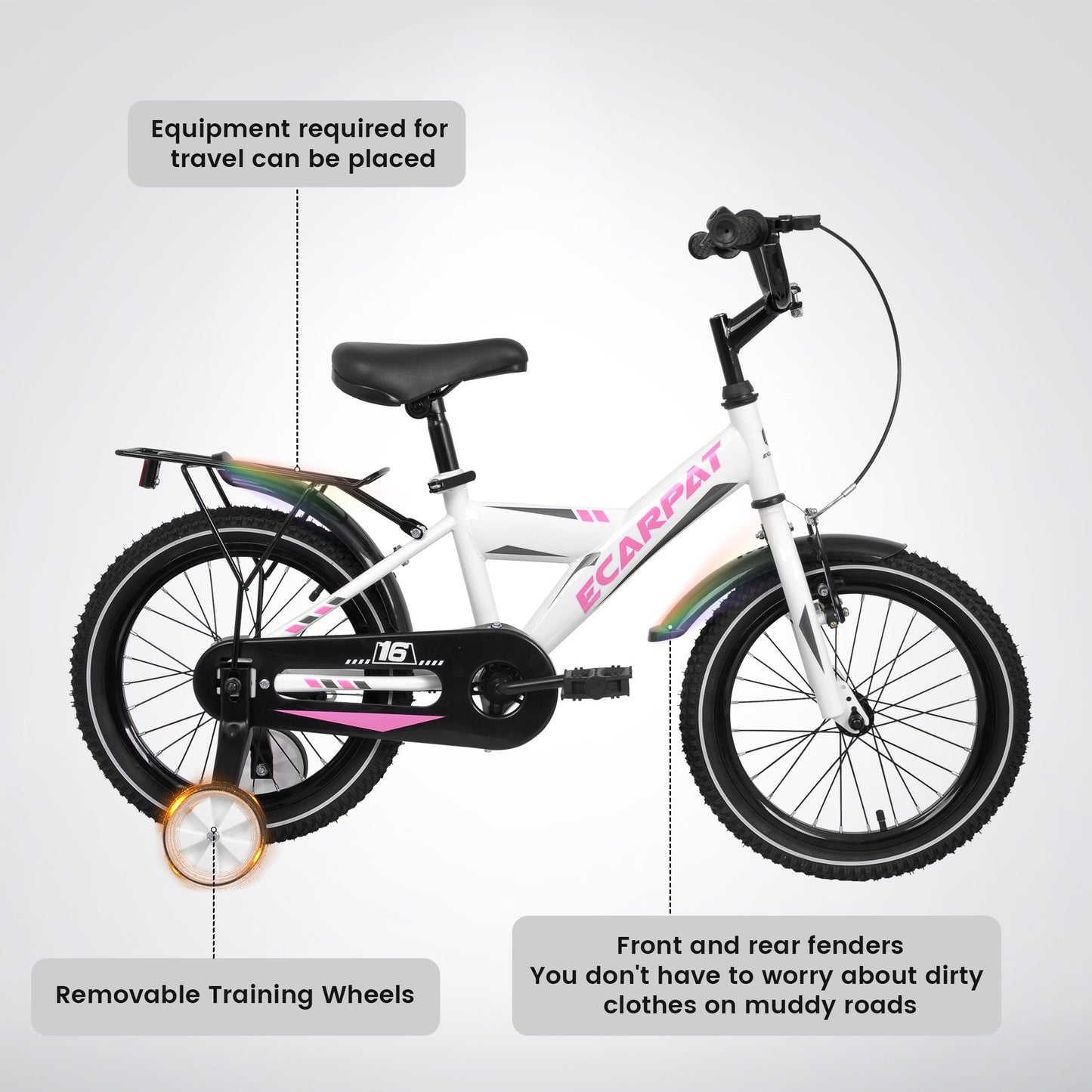 iRerts Kids Bike with Training Wheels, 16 Inch Kids Bicycle for Boys Girls Ages 4-8 Years Old, Boys Bicycles for Kids with Adjustable Seat, Fender and Varrier, White
