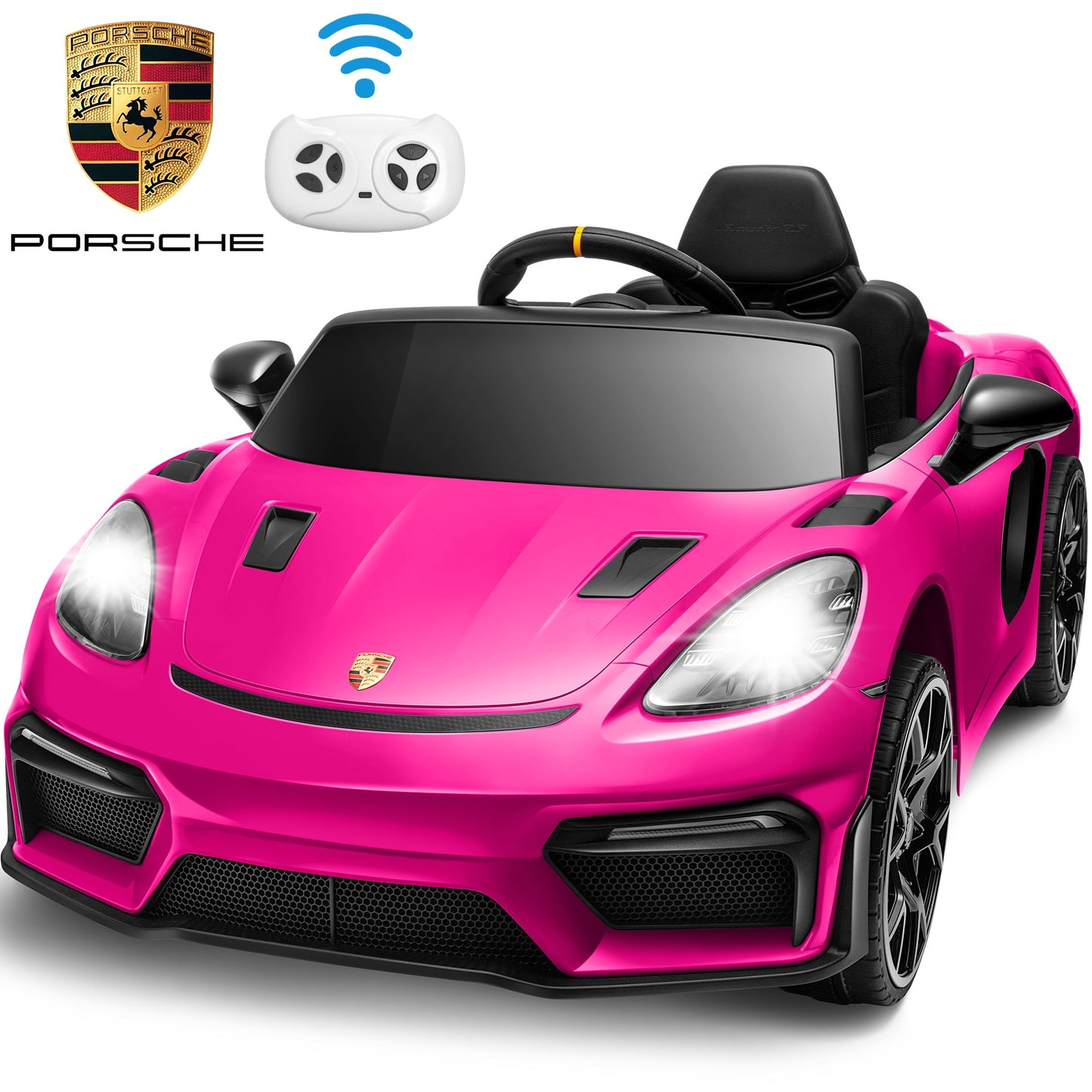 12V Powered Ride On Toys, Licensed Porsche 718 Ride on Car for Kids Boys Girls Christmas Gifts Ages 3-5, Kids Cars Electric Vehicle with Remote Control, Bluetooth, Music, LED Light, 4 Wheeler, Pink