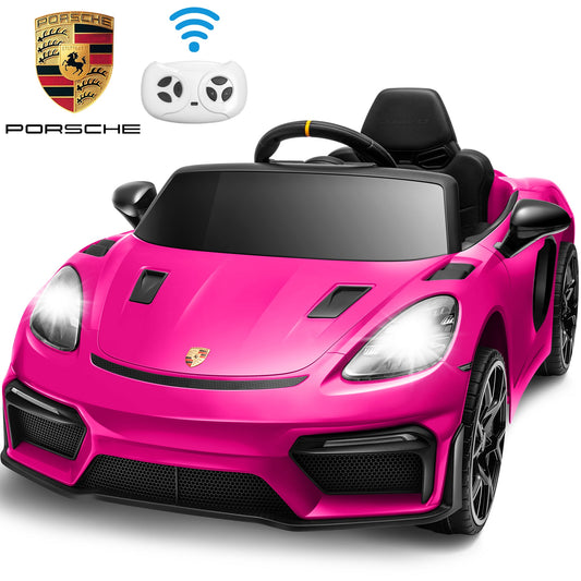 12V Powered Ride On Toys, Licensed Porsche 718 Ride on Car for Kids Boys Girls Christmas Gifts Ages 3-5, Kids Cars Electric Vehicle with Remote Control, Bluetooth, Music, LED Light, 4 Wheeler, Pink